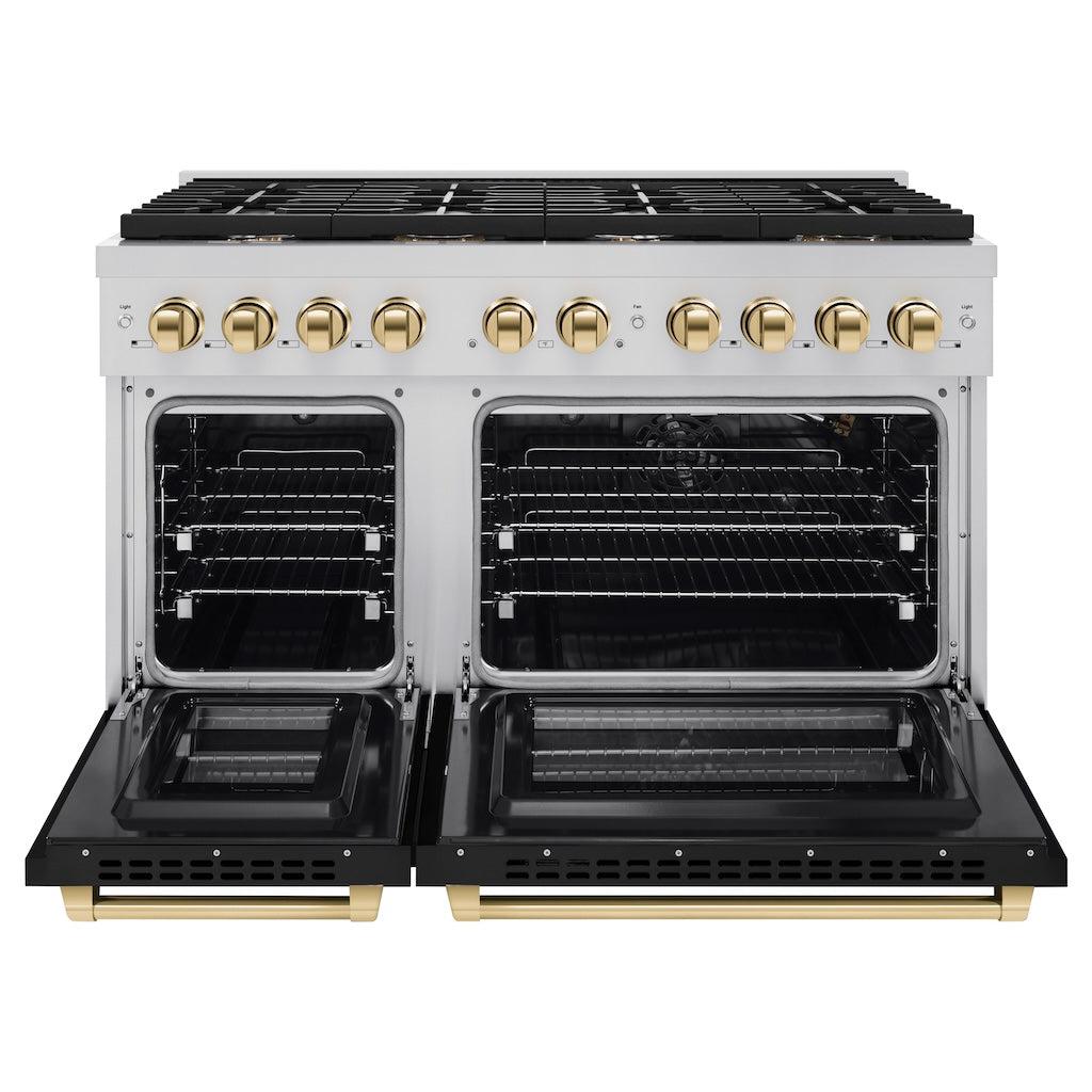 ZLINE Autograph Edition 48 in. 6.7 cu. ft. 8 Burner Double Oven Gas Range in Stainless Steel with Black Matte Doors and Polished Gold Accents (SGRZ-BLM-48-G)
