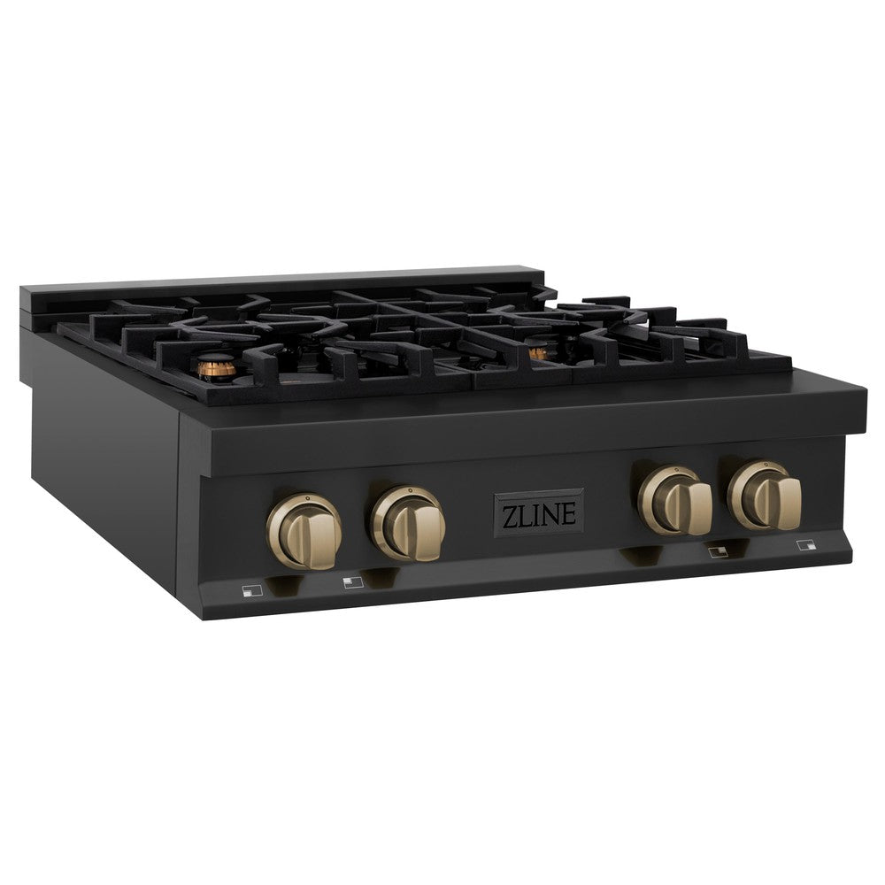 ZLINE Autograph Edition 30" Porcelain Rangetop with 4 Gas Burners in Black Stainless Steel and Champagne Bronze Accents (RTBZ-30-CB)