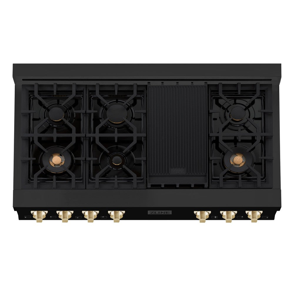ZLINE Autograph Edition 48" Porcelain Rangetop with 7 Gas Burners in Black Stainless Steel and Polished Gold Accents (RTBZ-48-G)