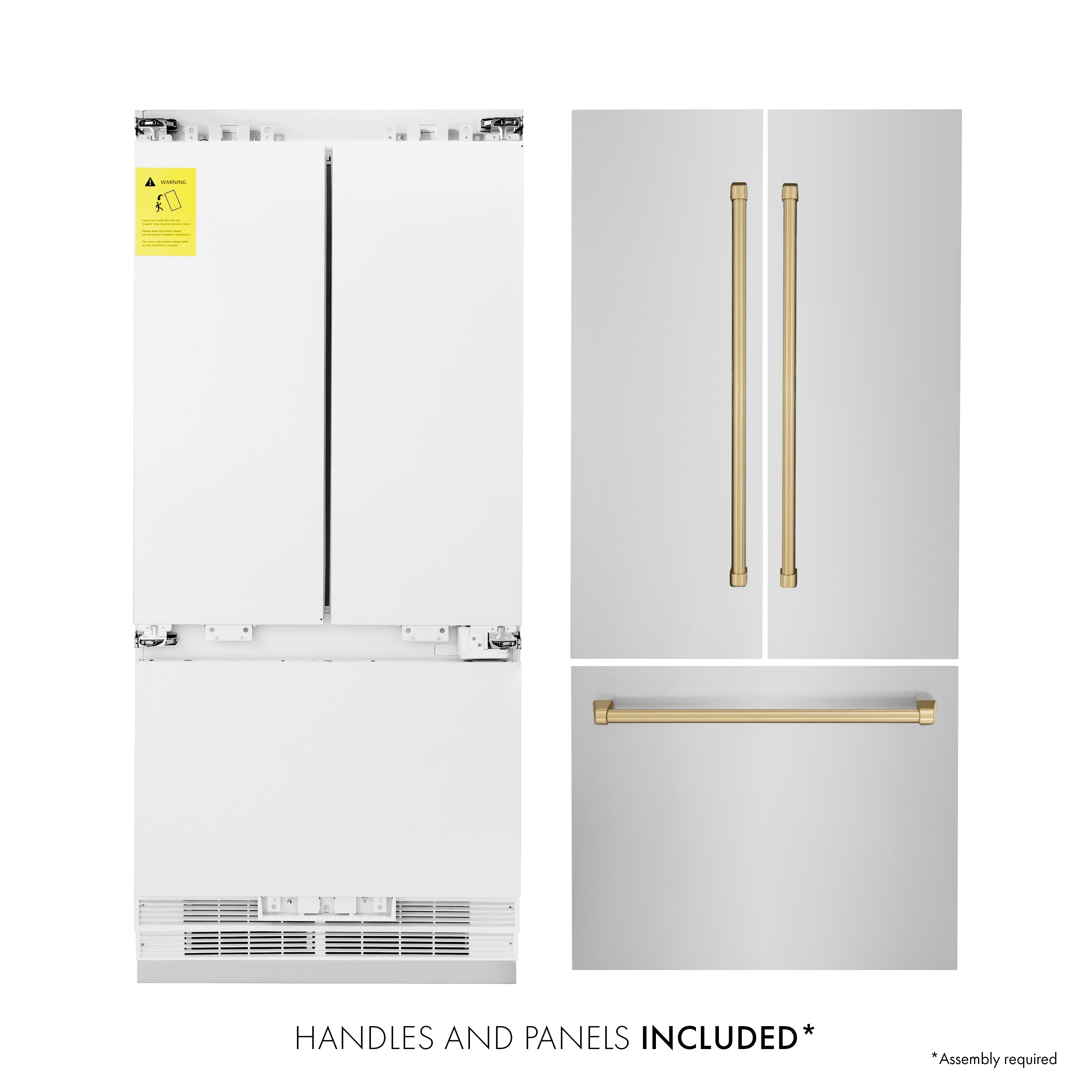 ZLINE 36” Autograph Edition 19.6 cu. ft. Built-in 3-Door French Door Refrigerator with Internal Water and Ice Dispenser in Stainless Steel with Champagne Bronze Accents