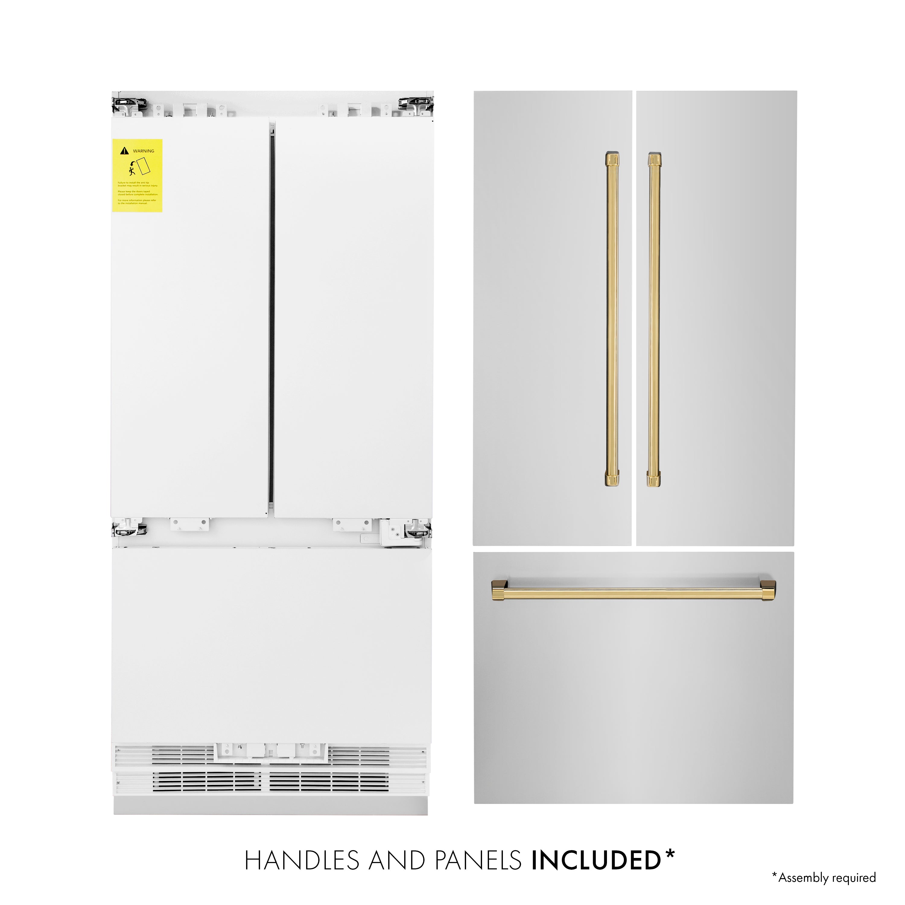 ZLINE 36” Autograph Edition 19.6 cu. ft. Built-in 3-Door French Door Refrigerator with Internal Water and Ice Dispenser in Stainless Steel with Polished Gold Accents