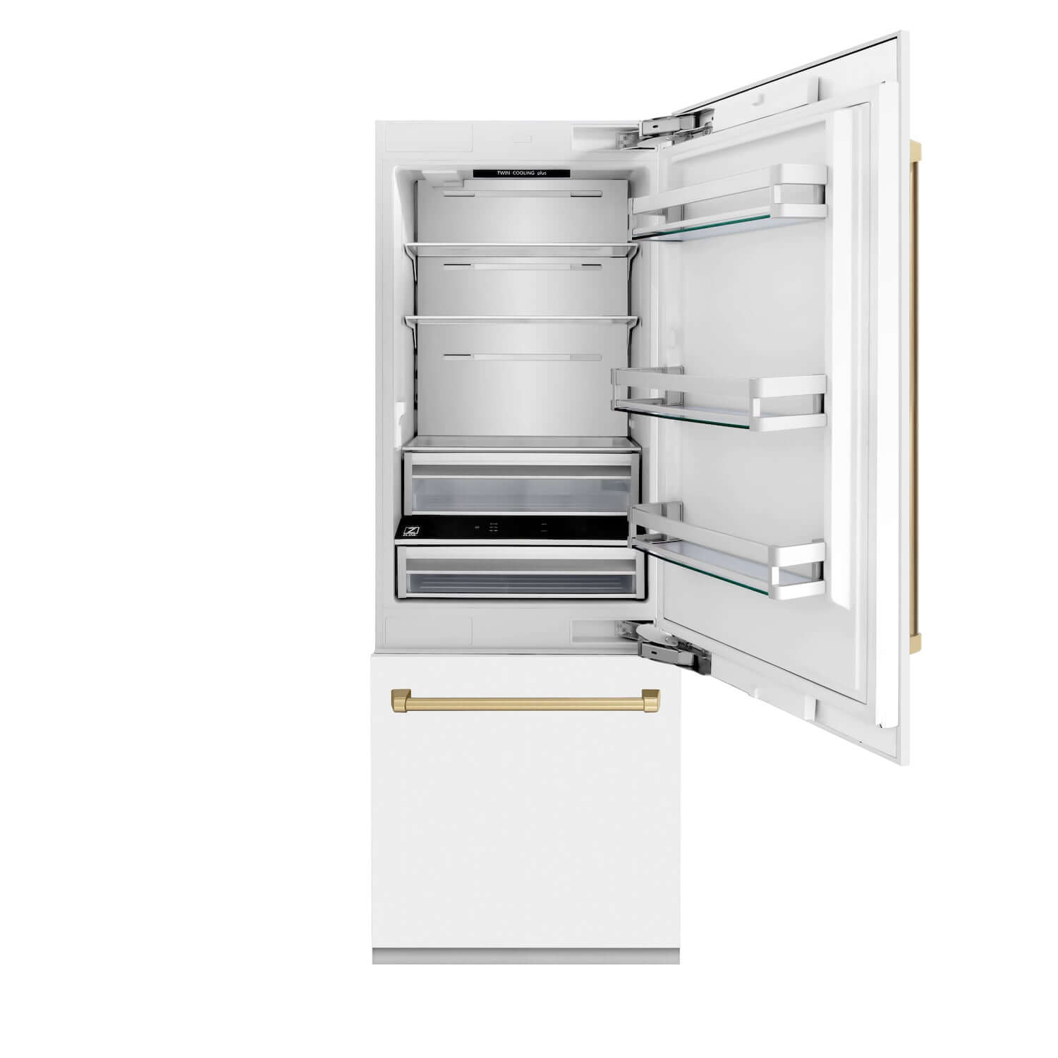 ZLINE 30" Autograph Edition 16.1 cu. ft. Built-in 2-Door Bottom Freezer Refrigerator with Internal Water and Ice Dispenser in White Matte with Champagne Bronze Accents (RBIVZ-WM-30-CB)