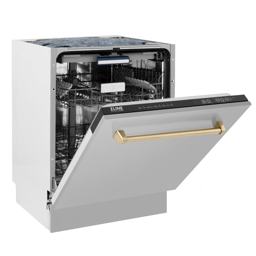 ZLINE Autograph Edition 24" 3rd Rack Top Control Built-In Tall Tub Dishwasher in Stainless Steel with Champagne Bronze Handle, 51dBa (DWVZ-304-24-CB)
