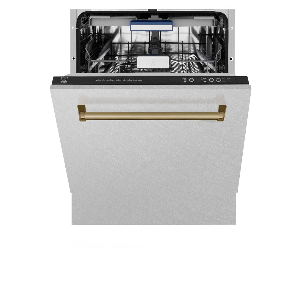 ZLINE Autograph Edition 24" 3rd Rack Top Control Tall Tub Dishwasher in Fingerprint Resistant Stainless Steel with Champagne Bronze Handle, 51dBa (DWVZ-SN-24-CB)