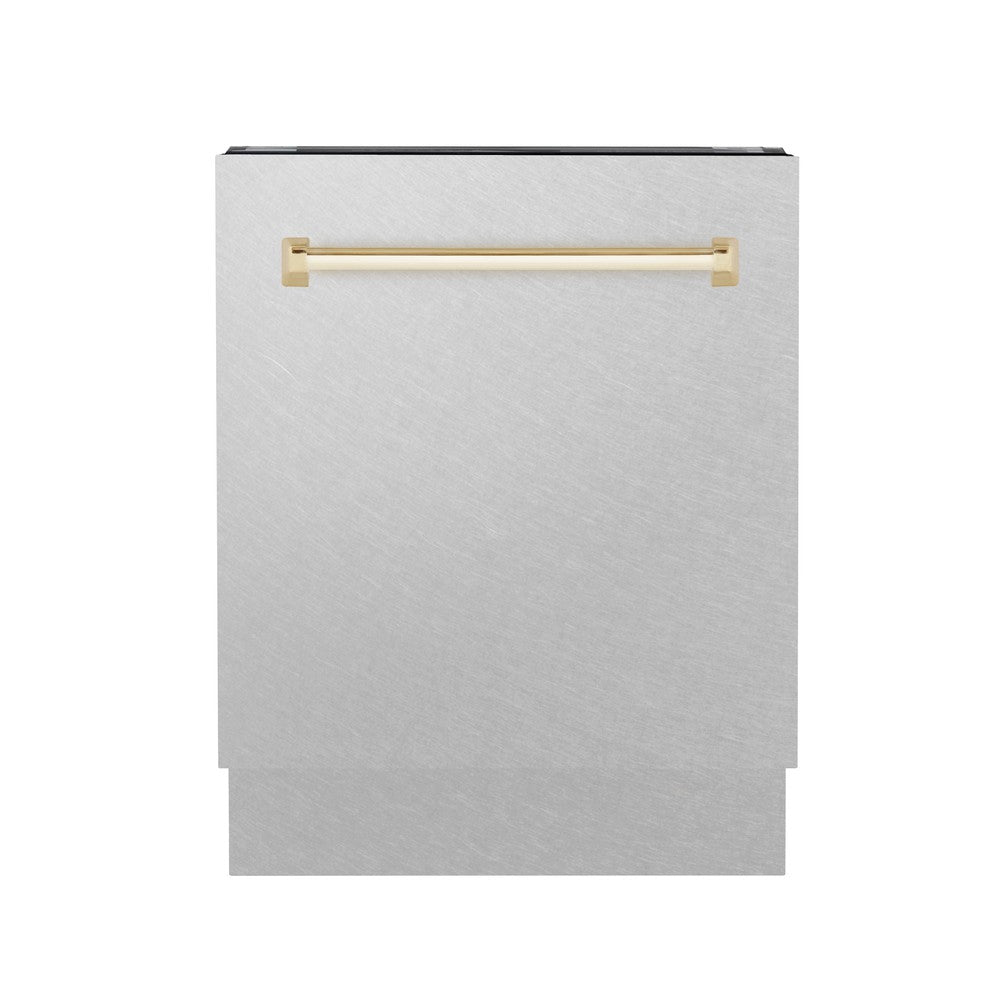 ZLINE Autograph Edition 24" 3rd Rack Top Control Tall Tub Dishwasher in Fingerprint Resistant Stainless Steel with Polished Gold Handle, 51dBa (DWVZ-SN-24-G)