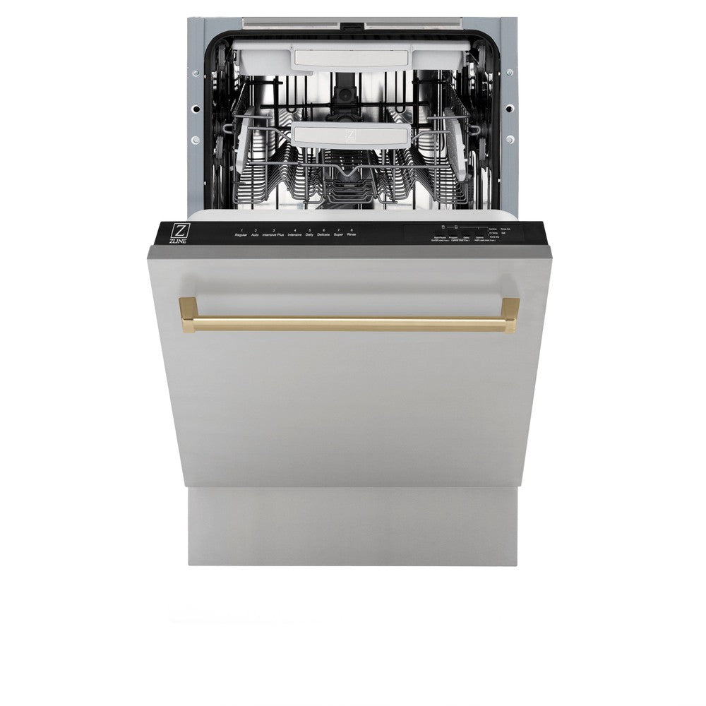 ZLINE Autograph Edition 18‚Äö√Ñ√π Tallac Series 3rd Rack Top Control Built-In Dishwasher in Stainless Steel with Champagne Bronze Handle, 51dBa (DWVZ-304-18-CB)