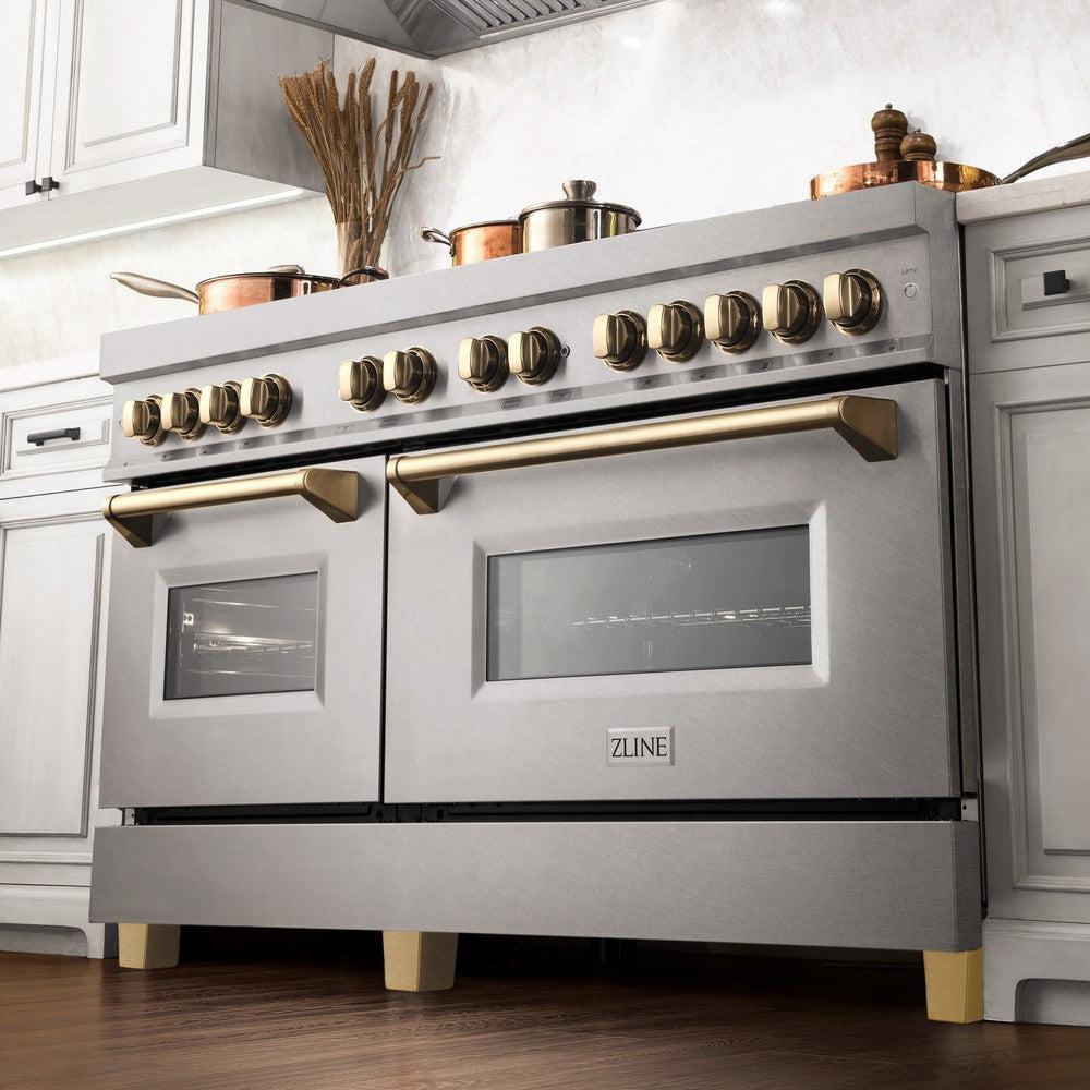 ZLINE Autograph Edition 60" 7.4 cu. ft. Dual Fuel Range with Gas Stove and Electric Oven in DuraSnow Stainless Steel with Polished Gold Accents (RASZ-60-G)