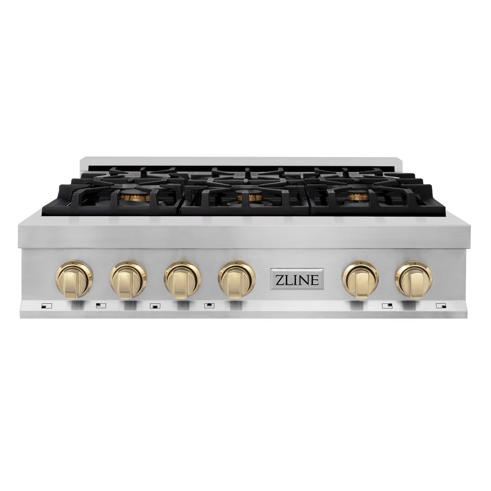 ZLINE Autograph Edition 36" Porcelain Rangetop with 6 Gas Burners in Stainless Steel and Polished Gold Accents (RTZ-36-G)