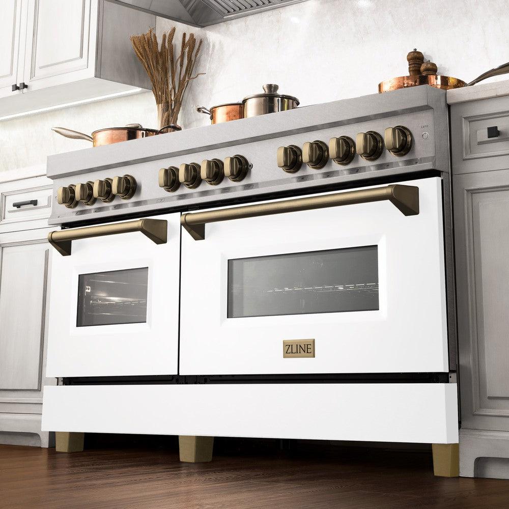 ZLINE Autograph Edition 60" 7.4 cu. ft. Dual Fuel Range with Gas Stove and Electric Oven in Fingerprint Resistant Stainless Steel with White Matte Door and Champagne Bronze Accents (RASZ-WM-60-CB)