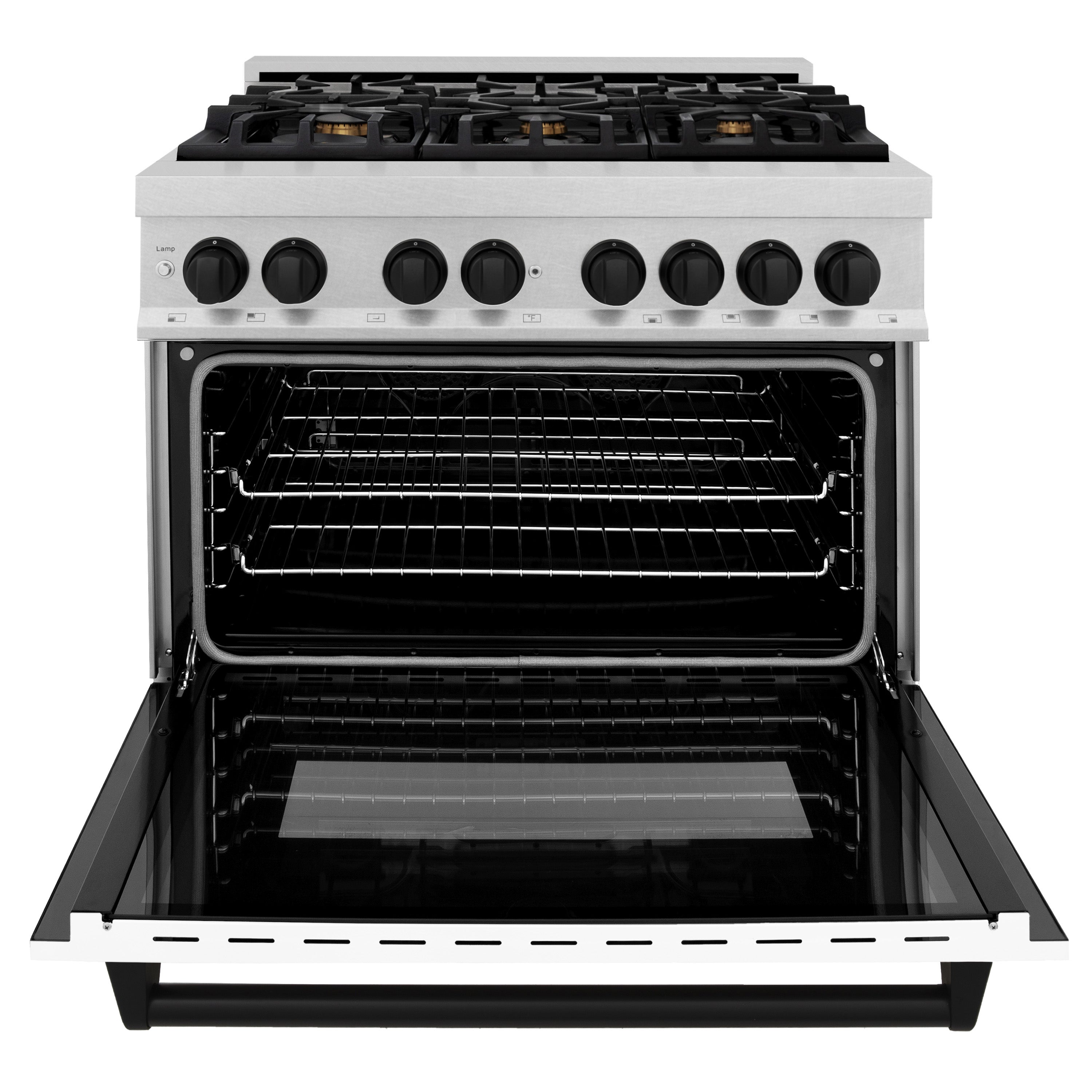 ZLINE Autograph Edition 36" 4.6 cu. ft. Dual Fuel Range with Gas Stove and Electric Oven in DuraSnow® Stainless Steel with White Matte Door and Matte Black Accents (RASZ-WM-36-MB)
