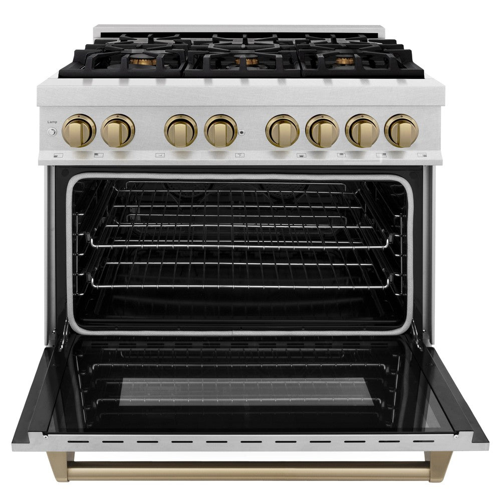 ZLINE Autograph Edition 36" 4.6 cu. ft. Dual Fuel Range with Gas Stove and Electric Oven in DuraSnow Stainless Steel with Champagne Bronze Accents (RASZ-SN-36-CB)