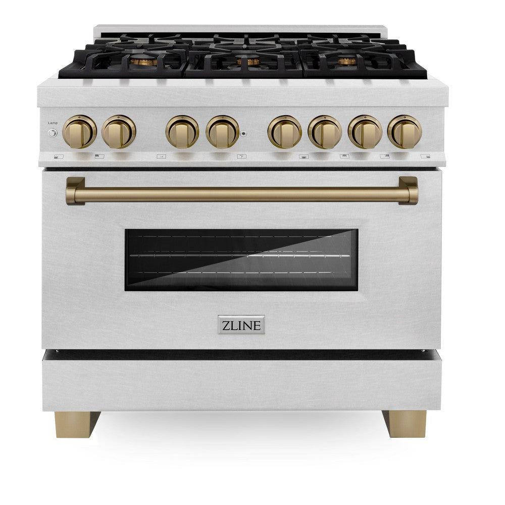 ZLINE Autograph Edition 36" 4.6 cu. ft. Dual Fuel Range with Gas Stove and Electric Oven in DuraSnow Stainless Steel with Champagne Bronze Accents (RASZ-SN-36-CB)