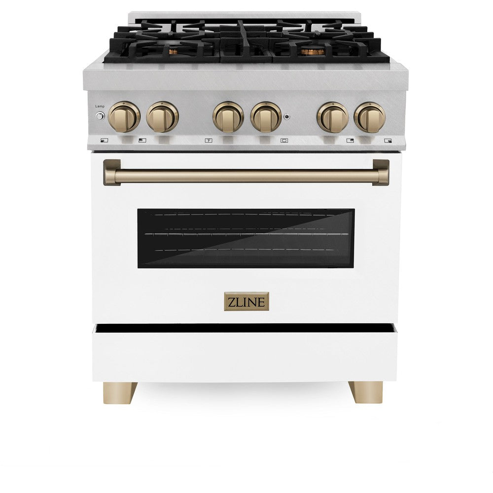 ZLINE Autograph Edition 30" 4.0 cu. ft. Dual Fuel Range with Gas Stove and Electric Oven in DuraSnow Stainless Steel with White Matte Door and Champagne Bronze Accents (RASZ-WM-30-CB)