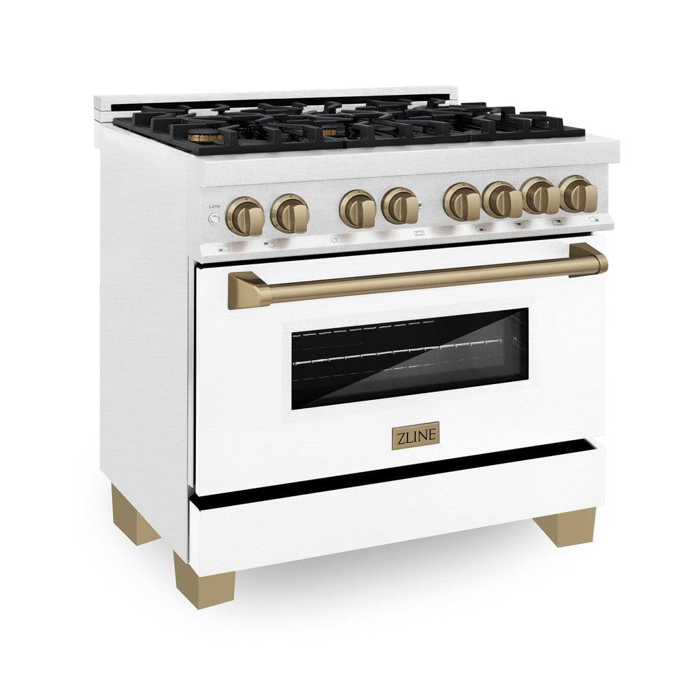 ZLINE Autograph Edition 36" 4.6 cu. ft. Dual Fuel Range with Gas Stove and Electric Oven in Fingerprint Resistant Stainless Steel with White Matte Door and Champagne Bronze Accents (RASZ-WM-36-CB)