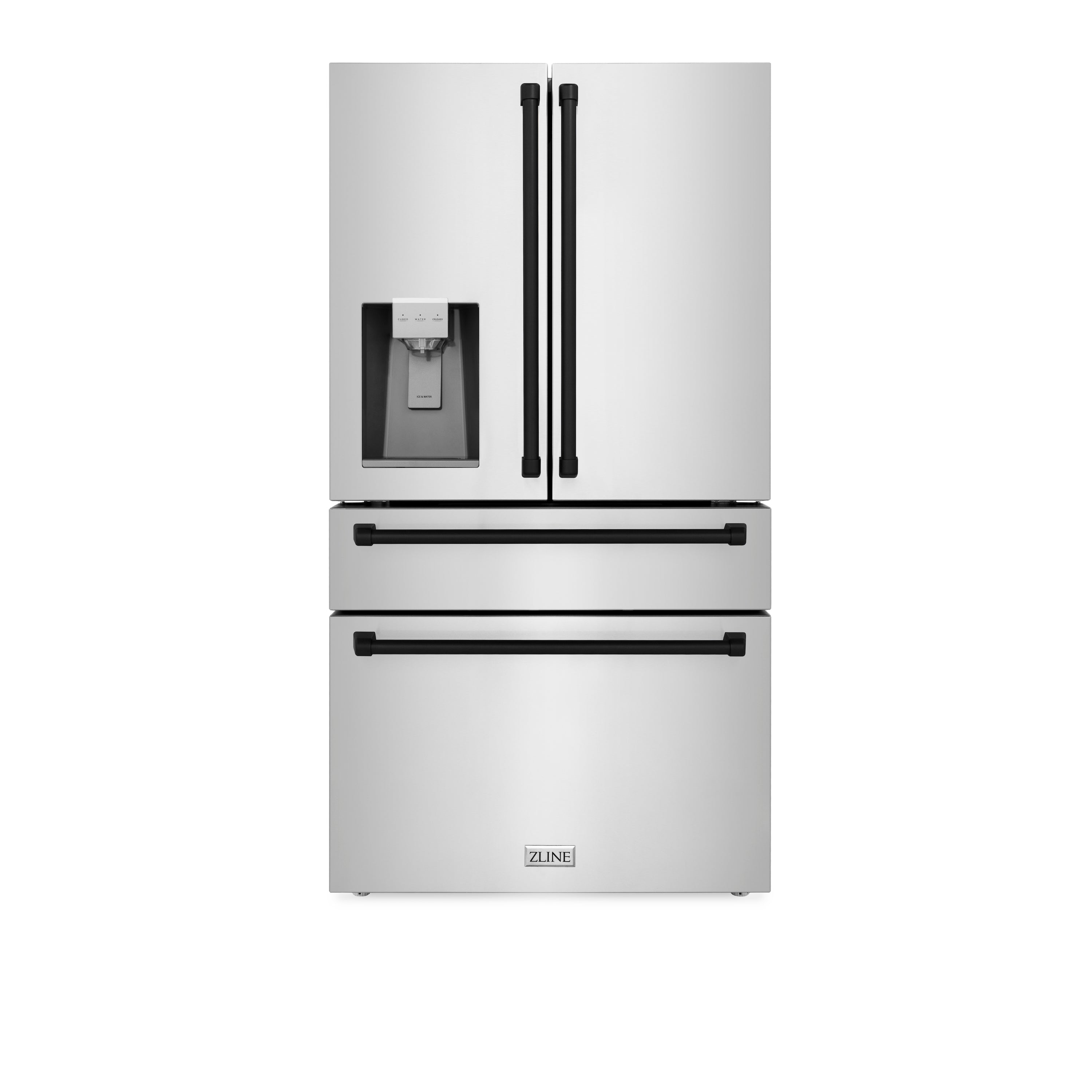 ZLINE 36" Autograph Edition 21.6 cu. ft 4-Door French Door Refrigerator with Water and Ice Dispenser in Fingerprint Resistant Stainless Steel with Matte Black Accents (RFMZ-W-36-MB)