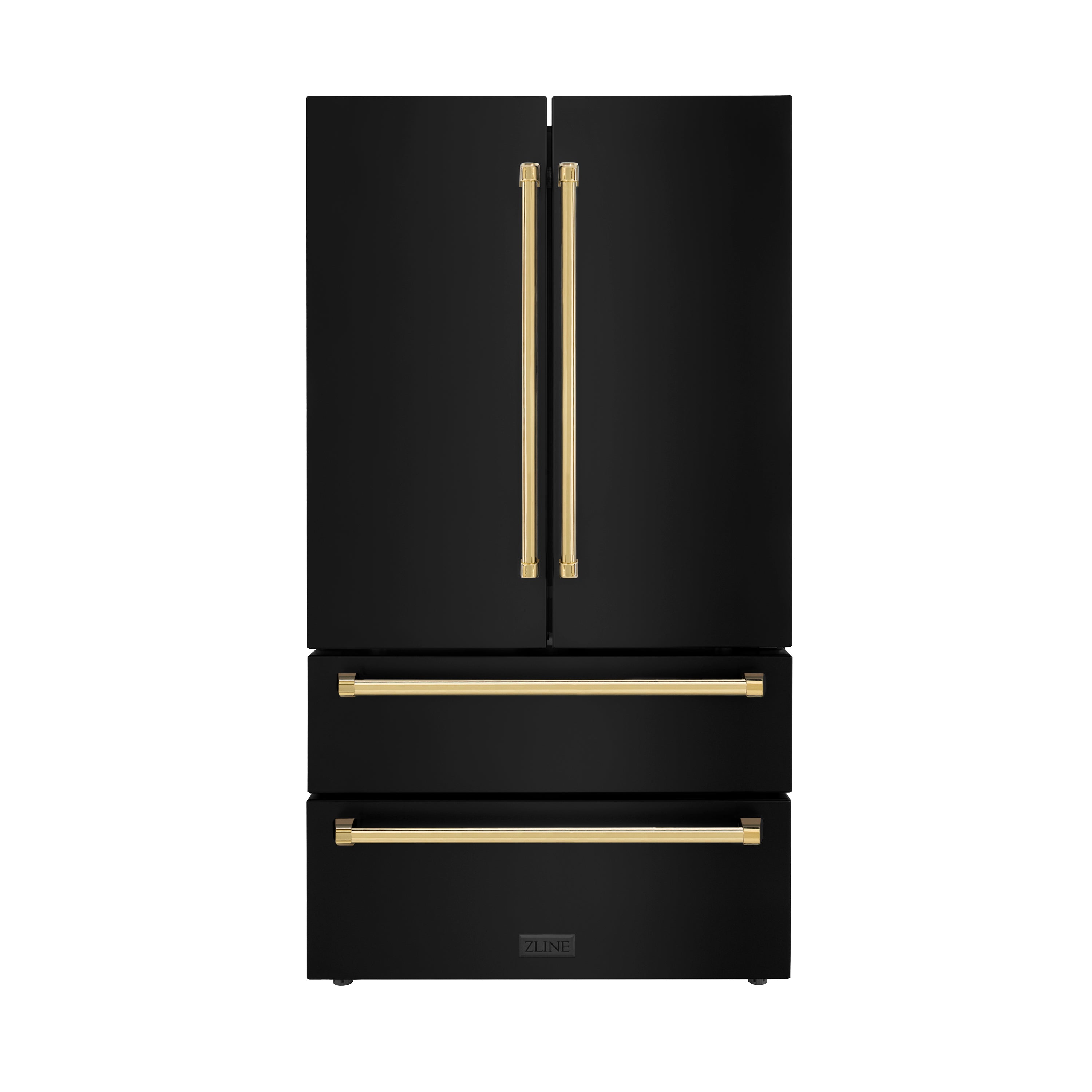 ZLINE 36" Autograph Edition 22.5 cu. ft 4-Door French Door Refrigerator with Ice Maker in Fingerprint Resistant Black Stainless Steel with Polished Gold Accents (RFMZ-36-BS-G)