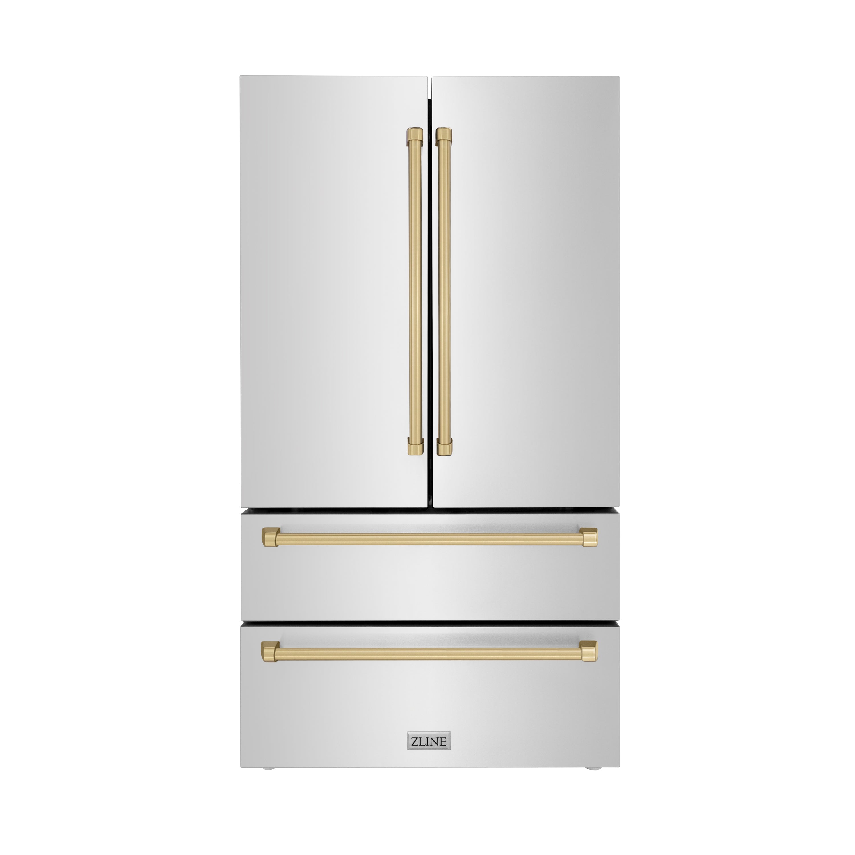 ZLINE 36" Autograph Edition 22.5 cu. ft 4-Door French Door Refrigerator with Ice Maker in Fingerprint Resistant Stainless Steel with Champagne Bronze Accents (RFMZ-36-CB)