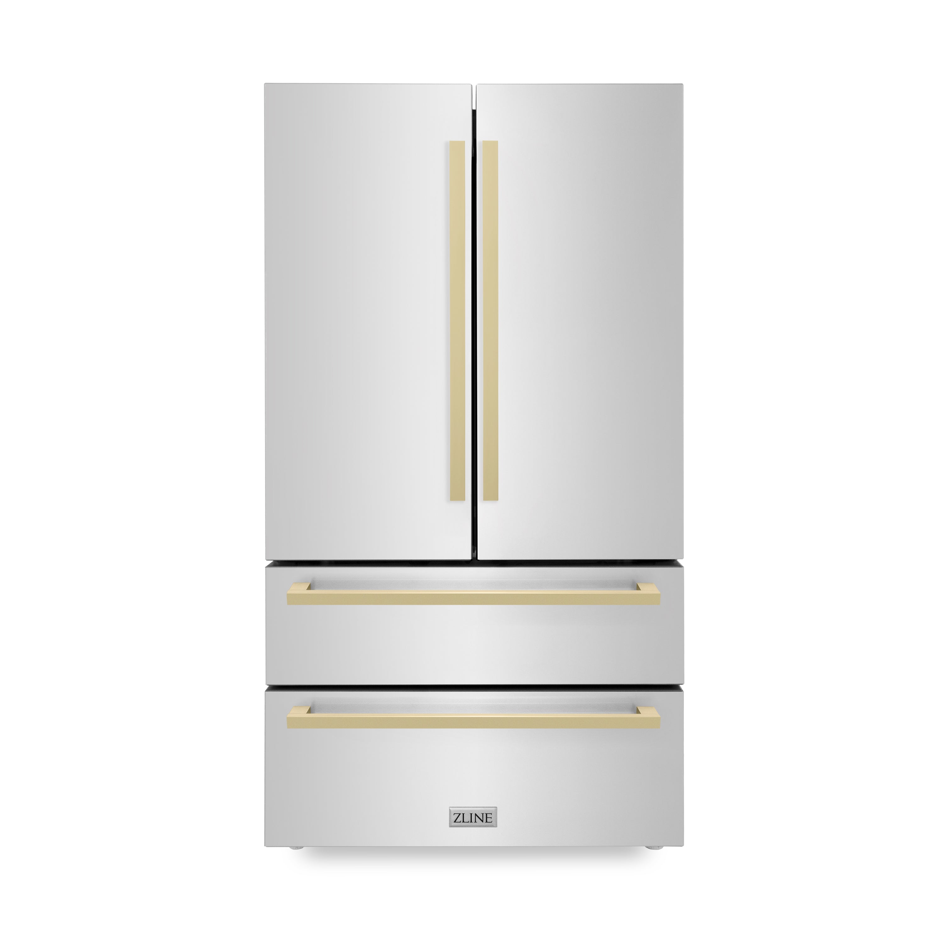 ZLINE 36" Autograph Edition 22.5 cu. ft 4-Door French Door Refrigerator with Ice Maker in Stainless Steel with Champagne Bronze Square Handles (RFMZ-36-FCB)