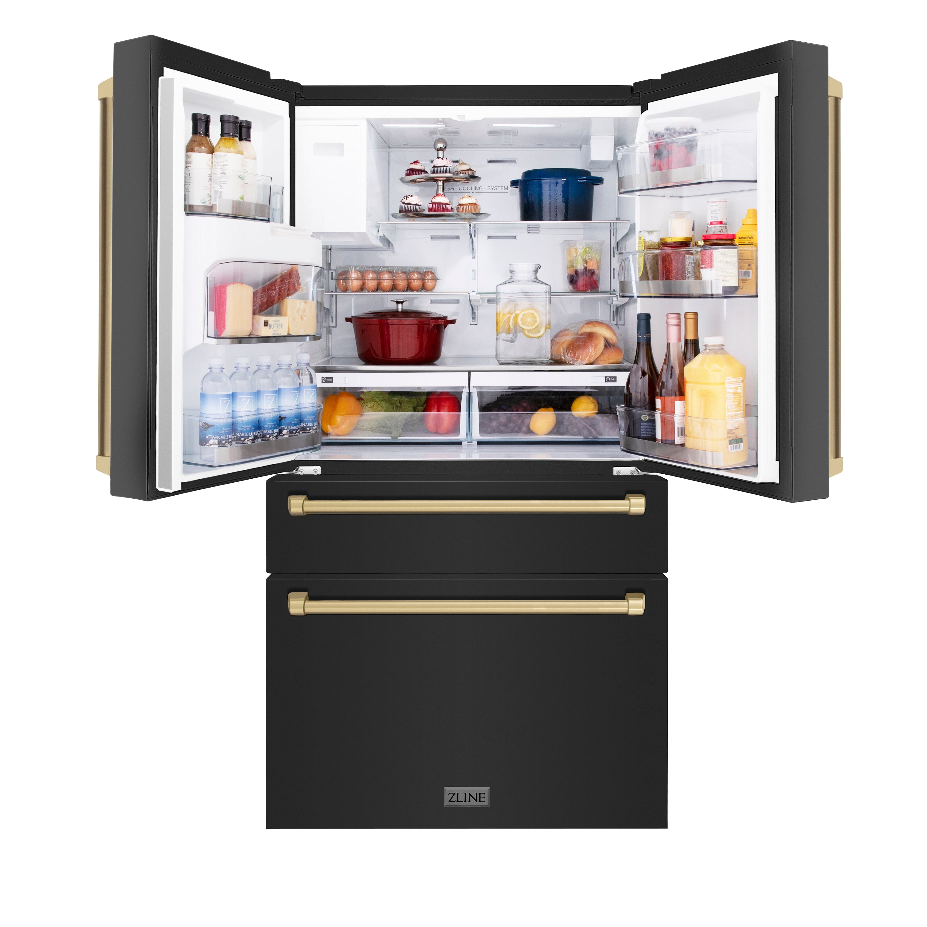 ZLINE 36" Autograph Edition 21.6 cu. ft 4-Door French Door Refrigerator with Water and Ice Dispenser in Fingerprint Resistant Black Stainless Steel with Champagne Bronze Handles (RFMZ-W-36-BS-CB)