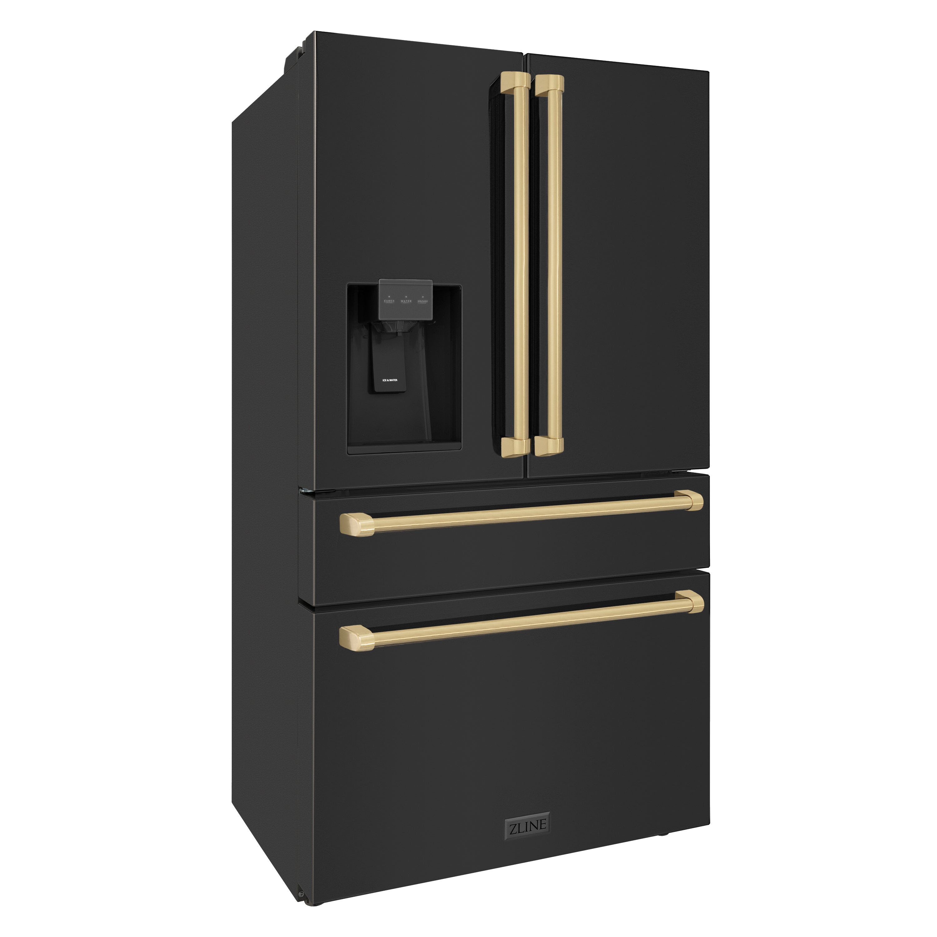 ZLINE 36" Autograph Edition 21.6 cu. ft 4-Door French Door Refrigerator with Water and Ice Dispenser in Fingerprint Resistant Black Stainless Steel with Champagne Bronze Handles (RFMZ-W-36-BS-CB)