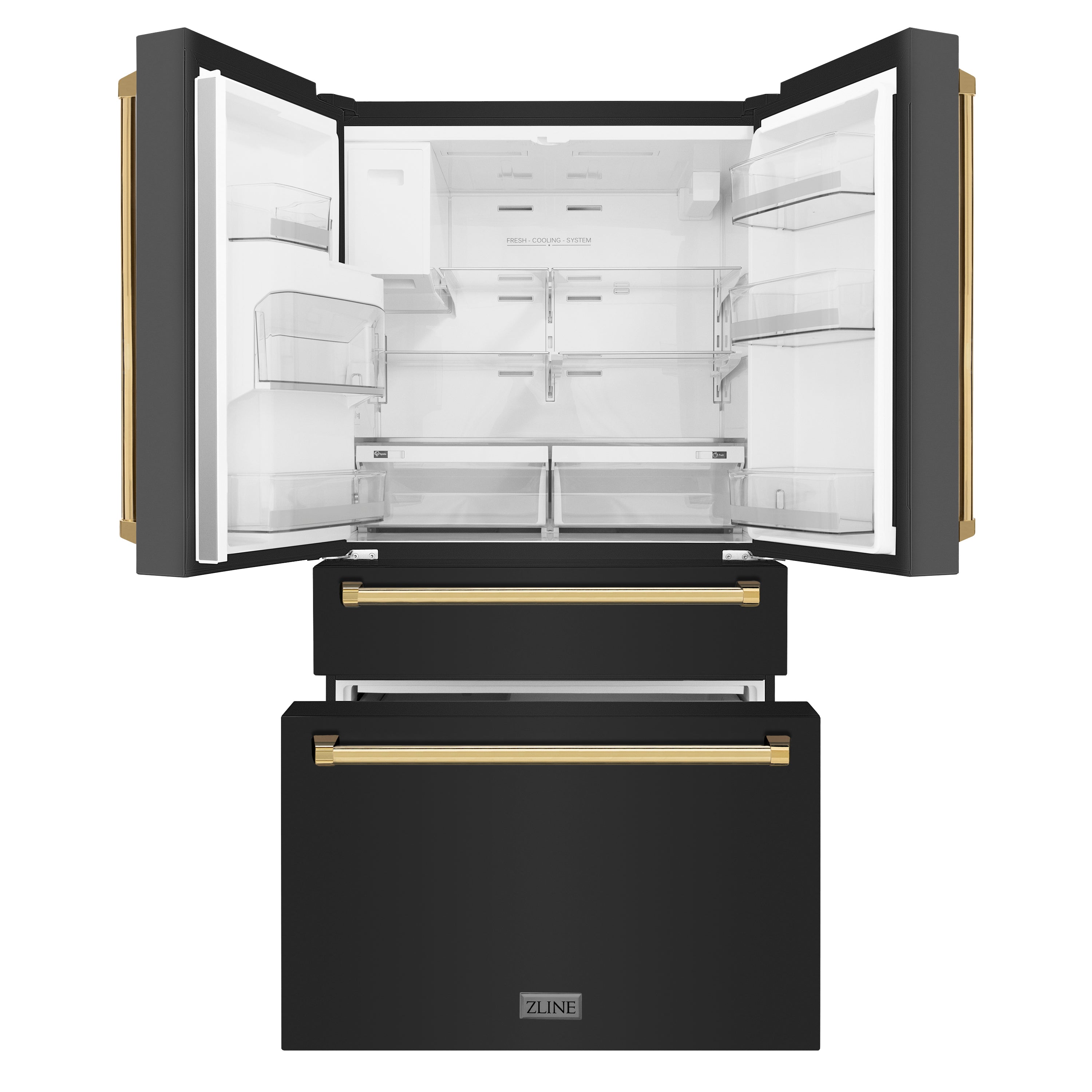 ZLINE 36" Autograph Edition 21.6 cu. ft 4-Door French Door Refrigerator with Water and Ice Dispenser in Fingerprint Resistant Black Stainless Steel with Polished Gold Handles (RFMZ-W-36-BS-G)
