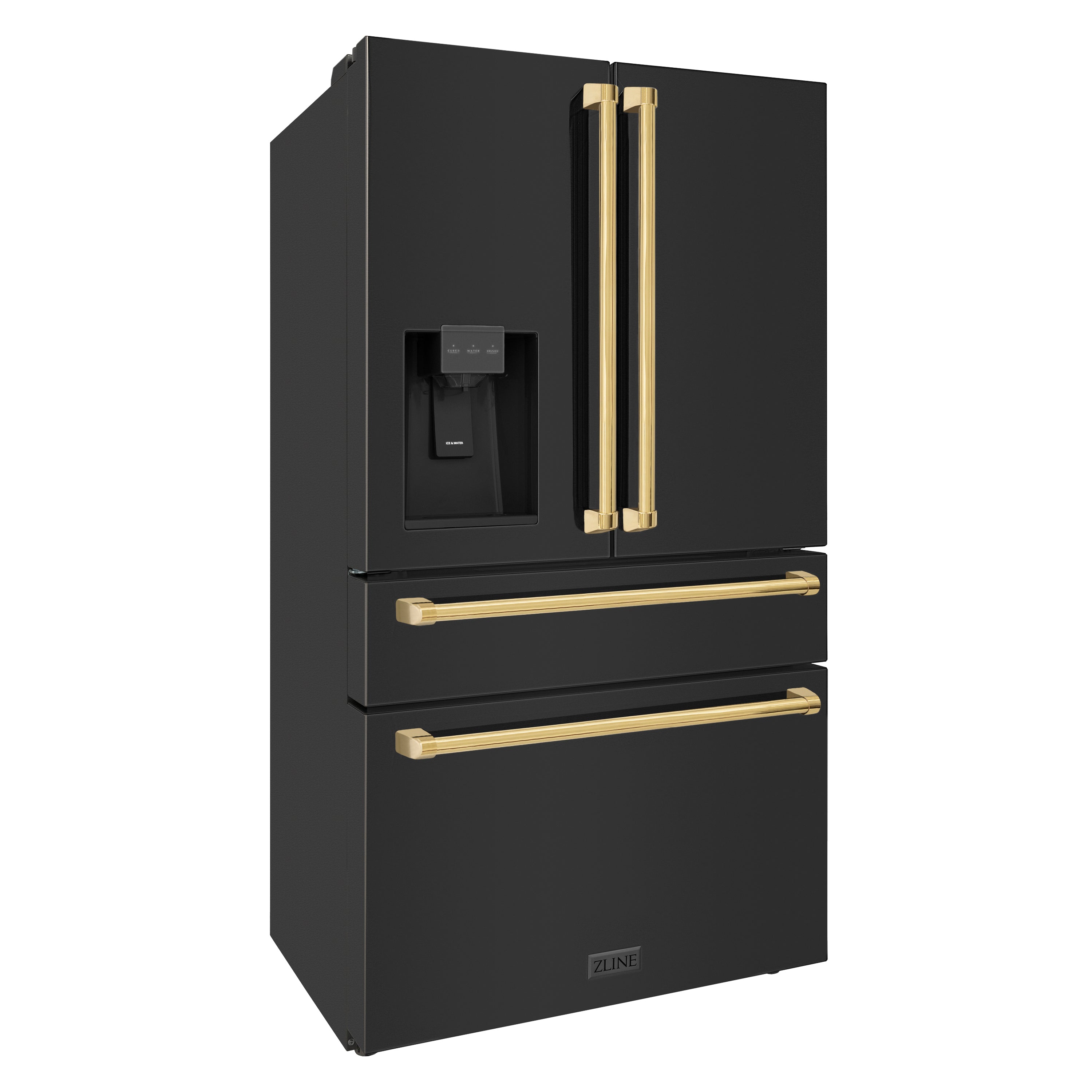 ZLINE 36" Autograph Edition 21.6 cu. ft 4-Door French Door Refrigerator with Water and Ice Dispenser in Fingerprint Resistant Black Stainless Steel with Polished Gold Handles (RFMZ-W-36-BS-G)