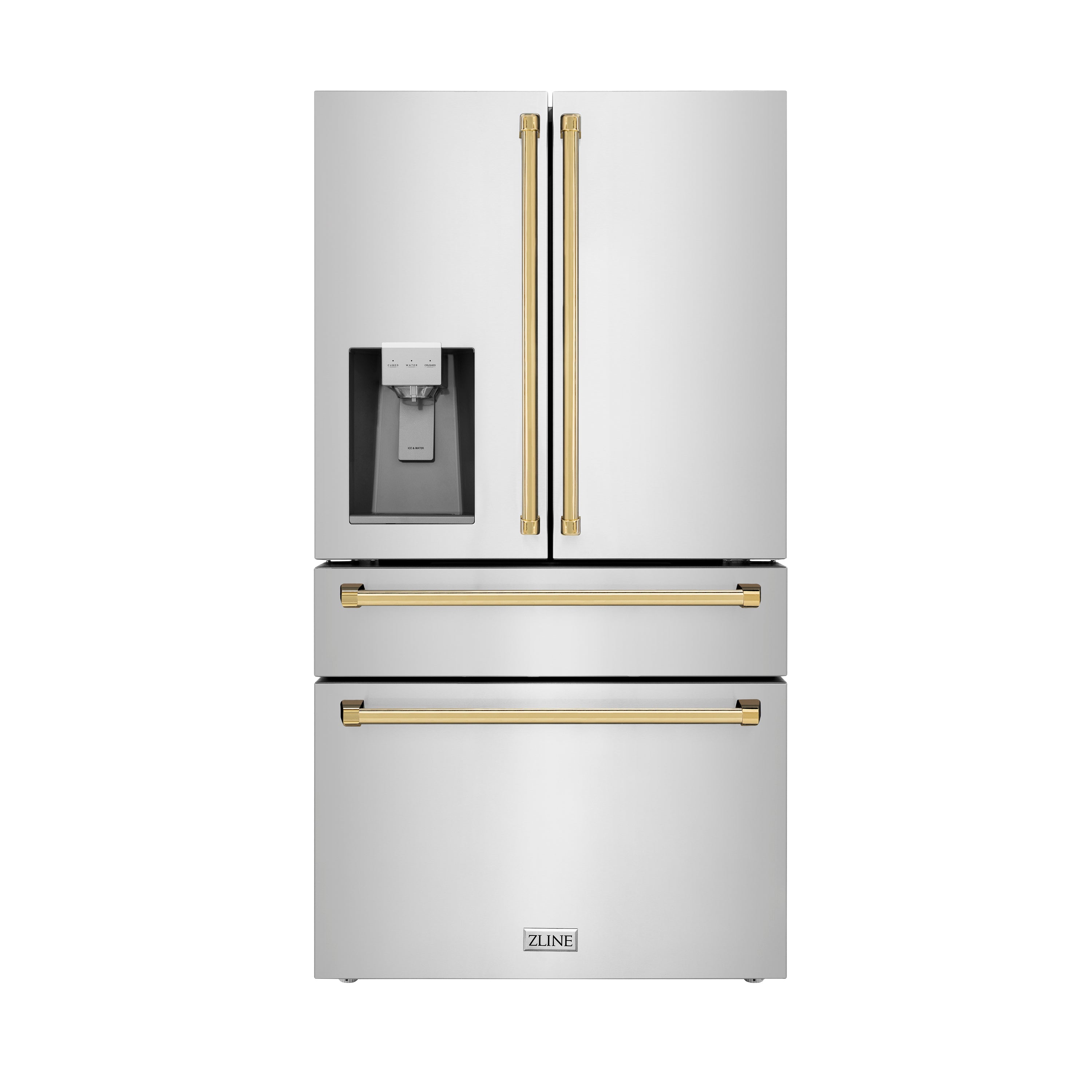 ZLINE 36" Autograph Edition 21.6 cu. ft 4-Door French Door Refrigerator with Water and Ice Dispenser in Fingerprint Resistant Stainless Steel with Polished Gold Accents (RFMZ-W-36-G)