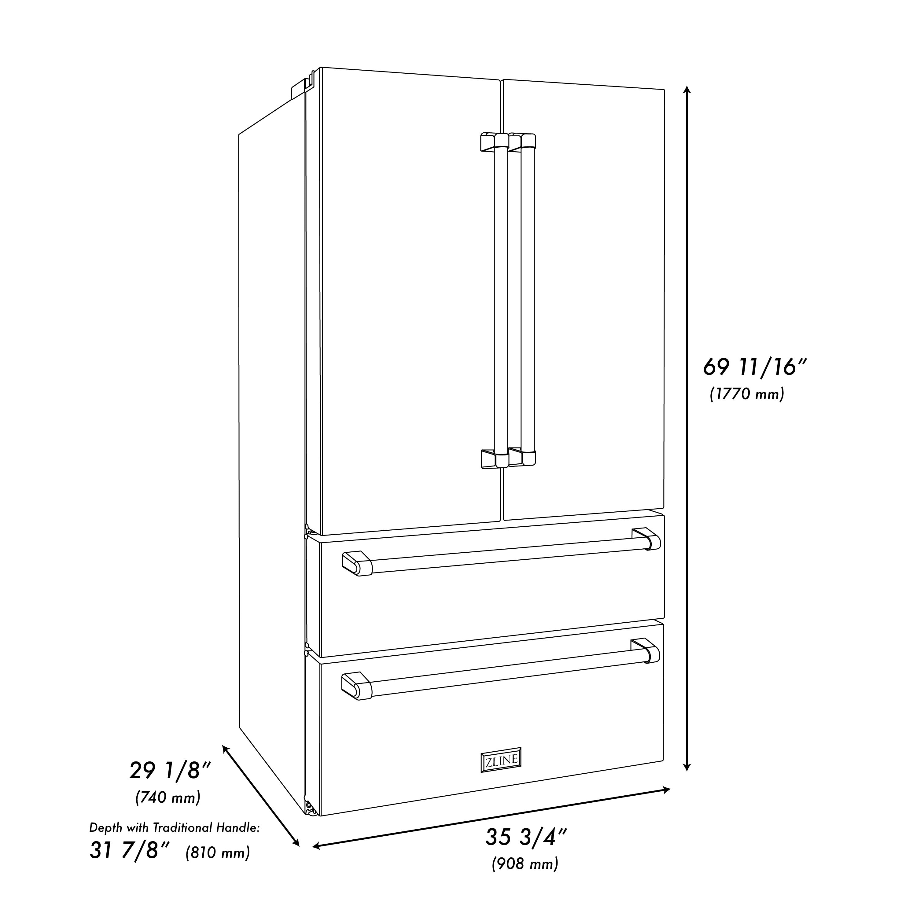 ZLINE 36" 22.5 cu. ft 4-Door French Door Refrigerator with Ice Maker in Fingerprint Resistant Black Stainless Steel