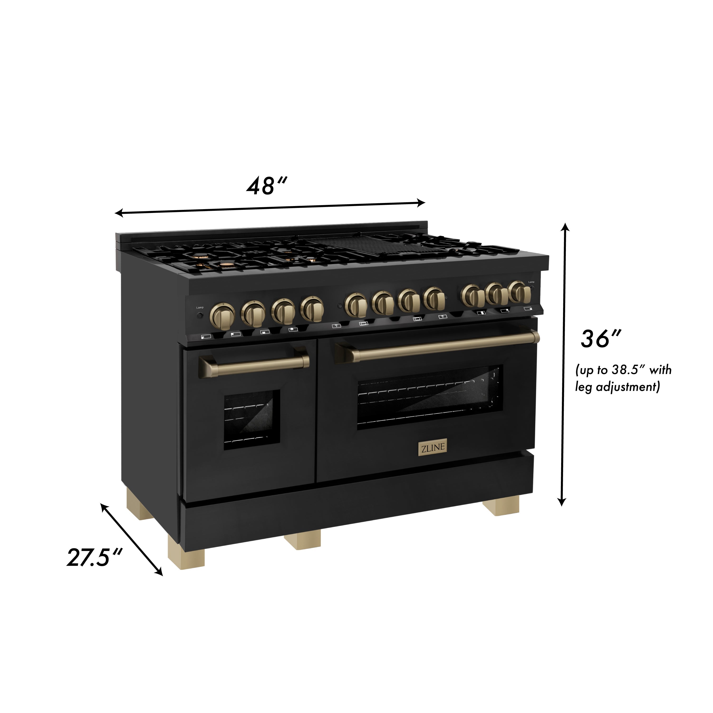 ZLINE 48" Autograph Edition Kitchen Package with Black Stainless Steel Dual Fuel Range, Range Hood and Dishwasher with Champagne Bronze Accents (3AKP-RABRHDWV48-CB)