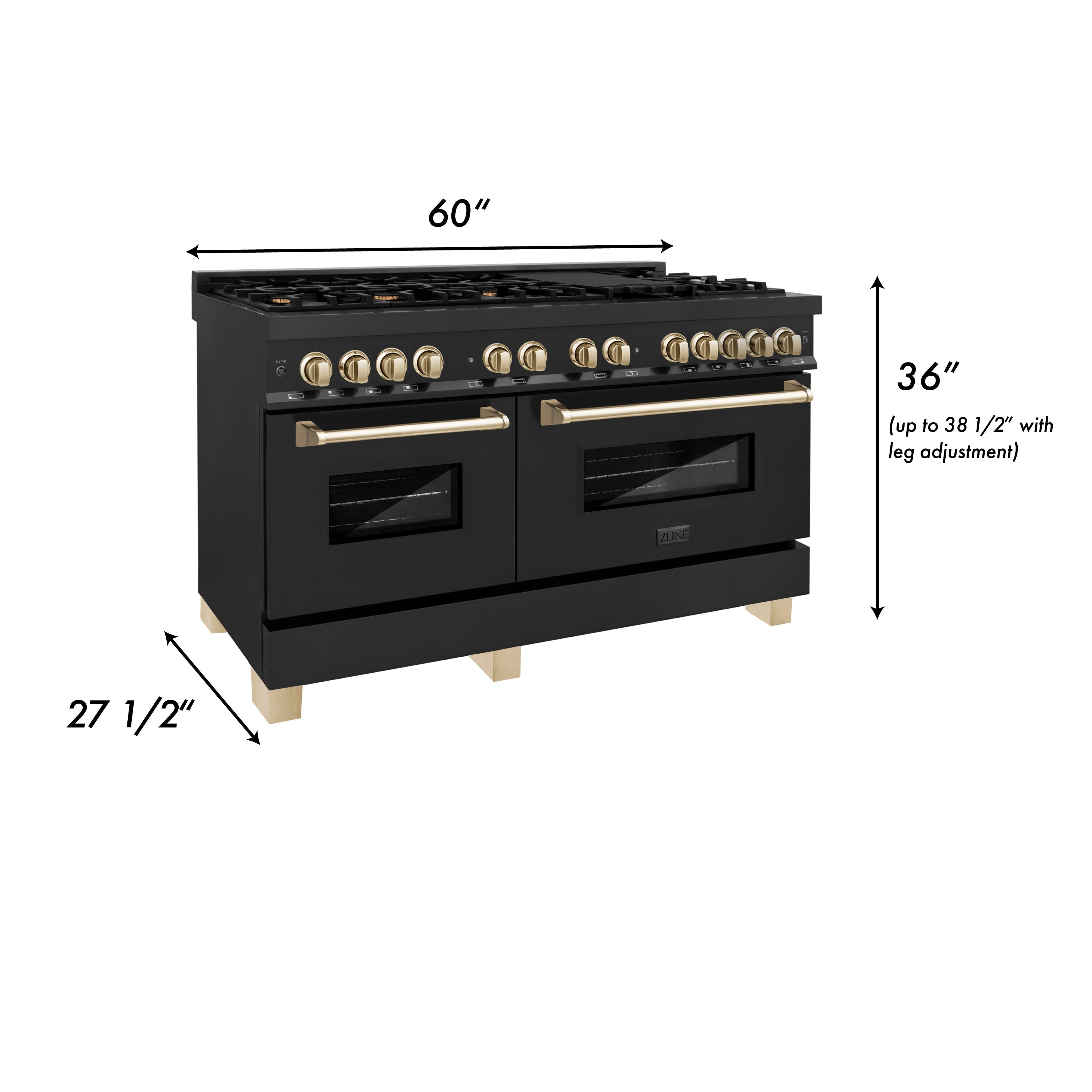 ZLINE Autograph Edition 60" 7.4 cu. ft. Dual Fuel Range with Gas Stove and Electric Oven in Black Stainless Steel with Polished Gold Accents (RABZ-60-G)