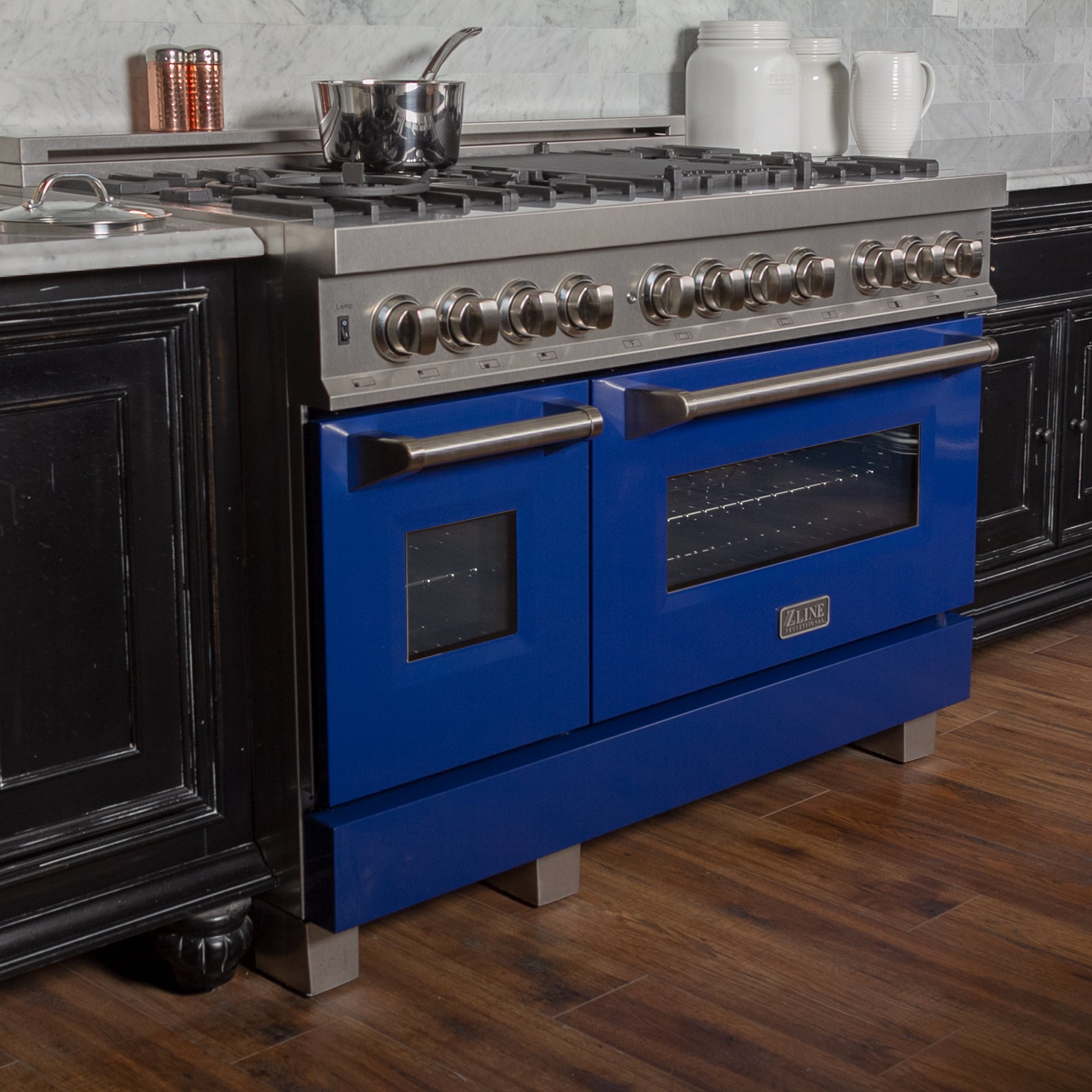 ZLINE 48" 6.0 cu. ft. Dual Fuel Range with Gas Stove and Electric Oven in Fingerprint Resistant Stainless Steel and Blue Gloss Door (RAS-BG-48)