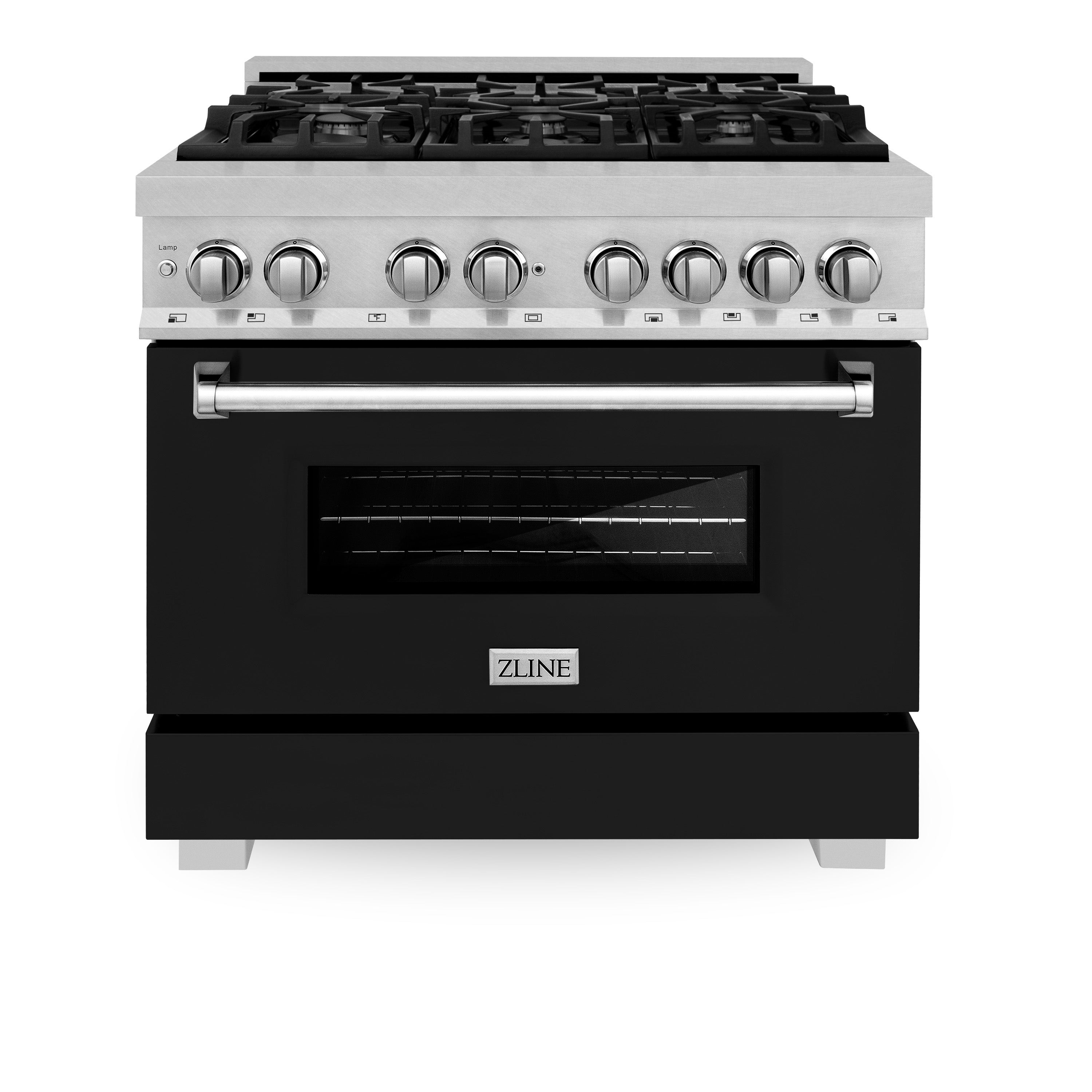 ZLINE 36" 4.6 cu. ft. Dual Fuel Range with Gas Stove and Electric Oven in Fingerprint Resistant Stainless Steel and Black Matte Door (RAS-BLM-36)