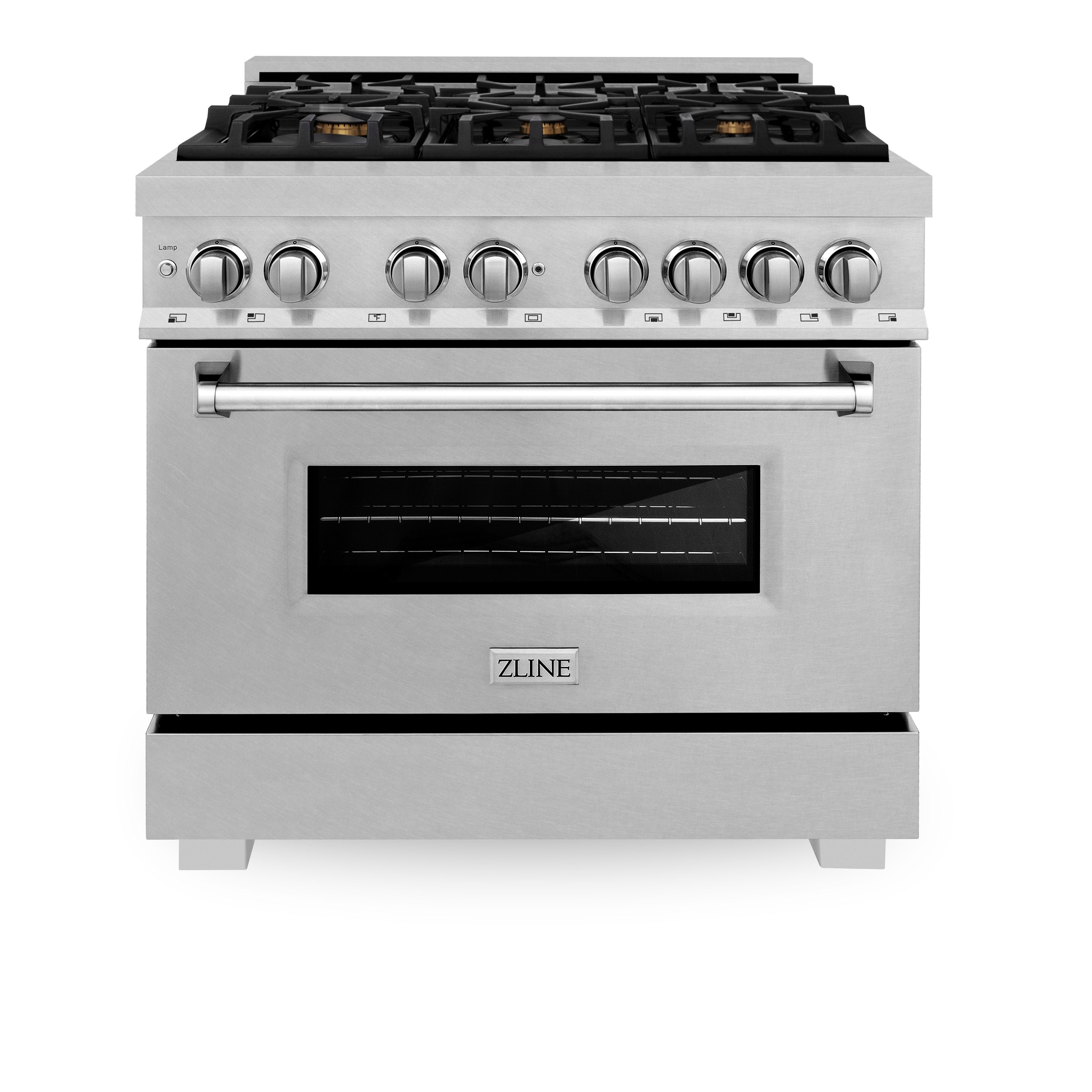 ZLINE 36" 4.6 cu. ft. Dual Fuel Range with Gas Stove and Electric Oven in Fingerprint Resistant Stainless Steel and Brass Burners (RAS-SN-BR-36)