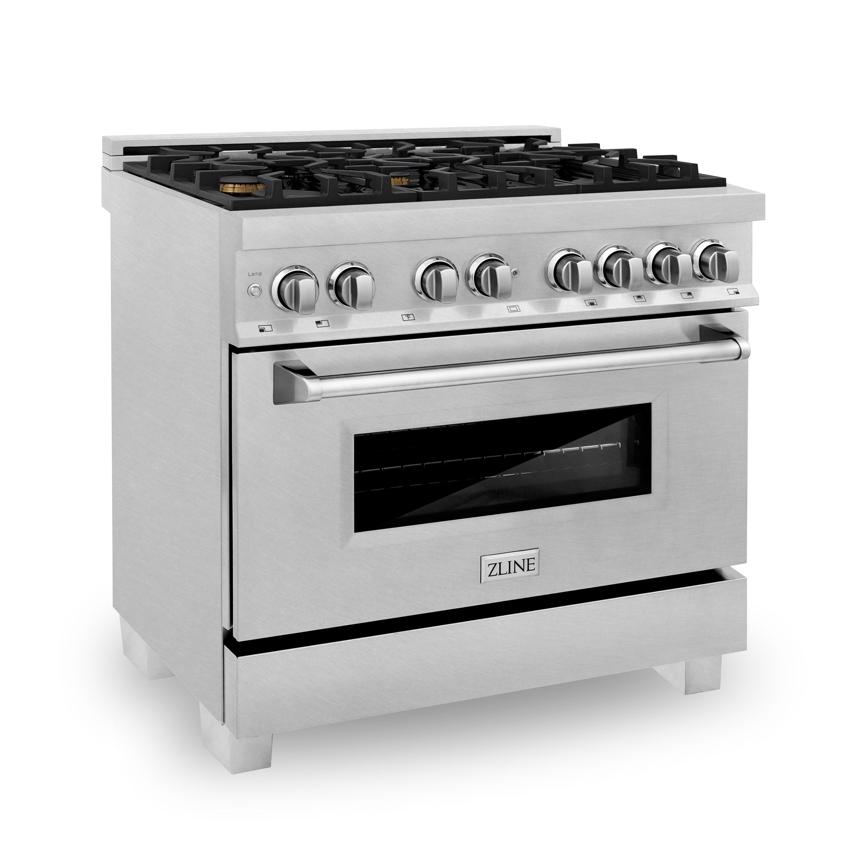 ZLINE 36" 4.6 cu. ft. Dual Fuel Range with Gas Stove and Electric Oven in Fingerprint Resistant Stainless Steel and Brass Burners (RAS-SN-BR-36)