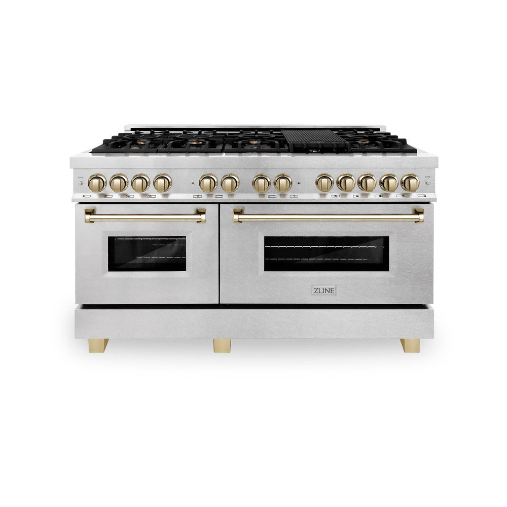 ZLINE Autograph Edition 60" 7.4 cu. ft. Dual Fuel Range with Gas Stove and Electric Oven in DuraSnow Stainless Steel with Polished Gold Accents (RASZ-60-G)
