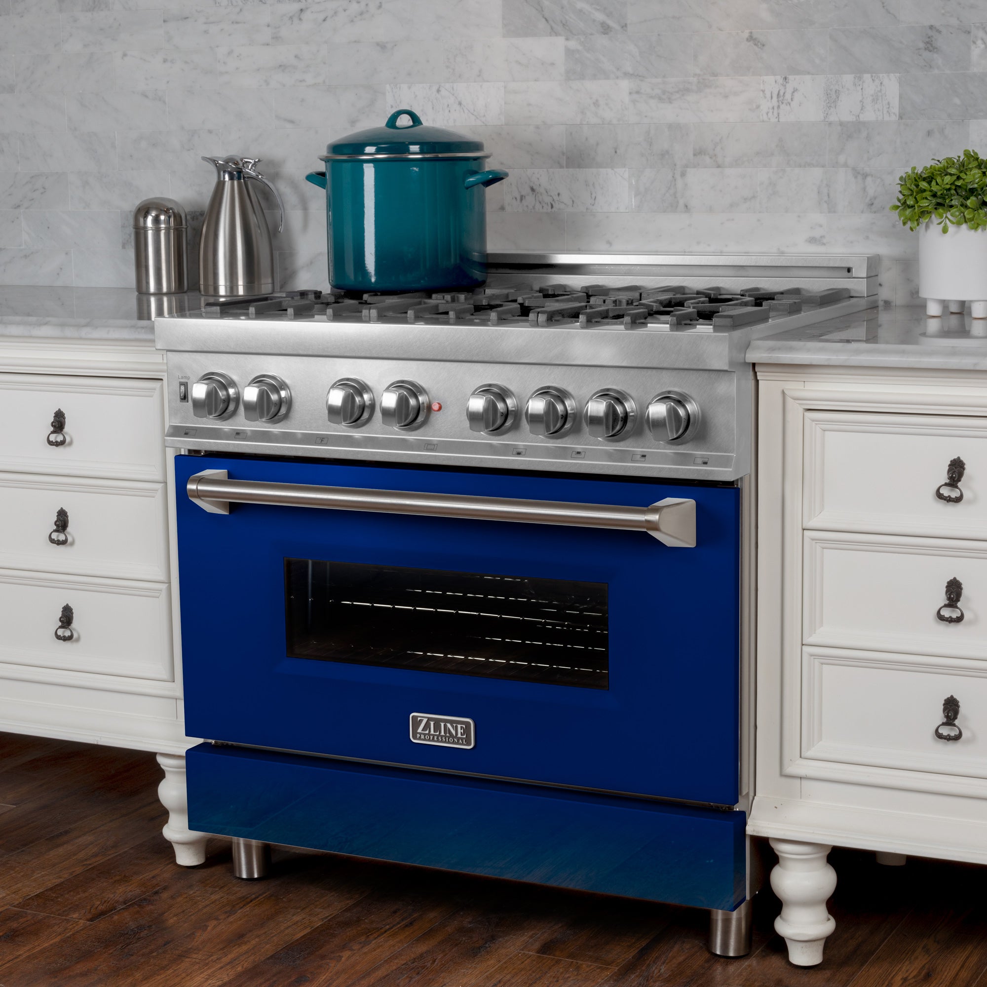 ZLINE 30" 4.0 cu. ft. Dual Fuel Range with Gas Stove and Electric Oven in Fingerprint Resistant Stainless Steel and Blue Gloss Door (RAS-BG-30)