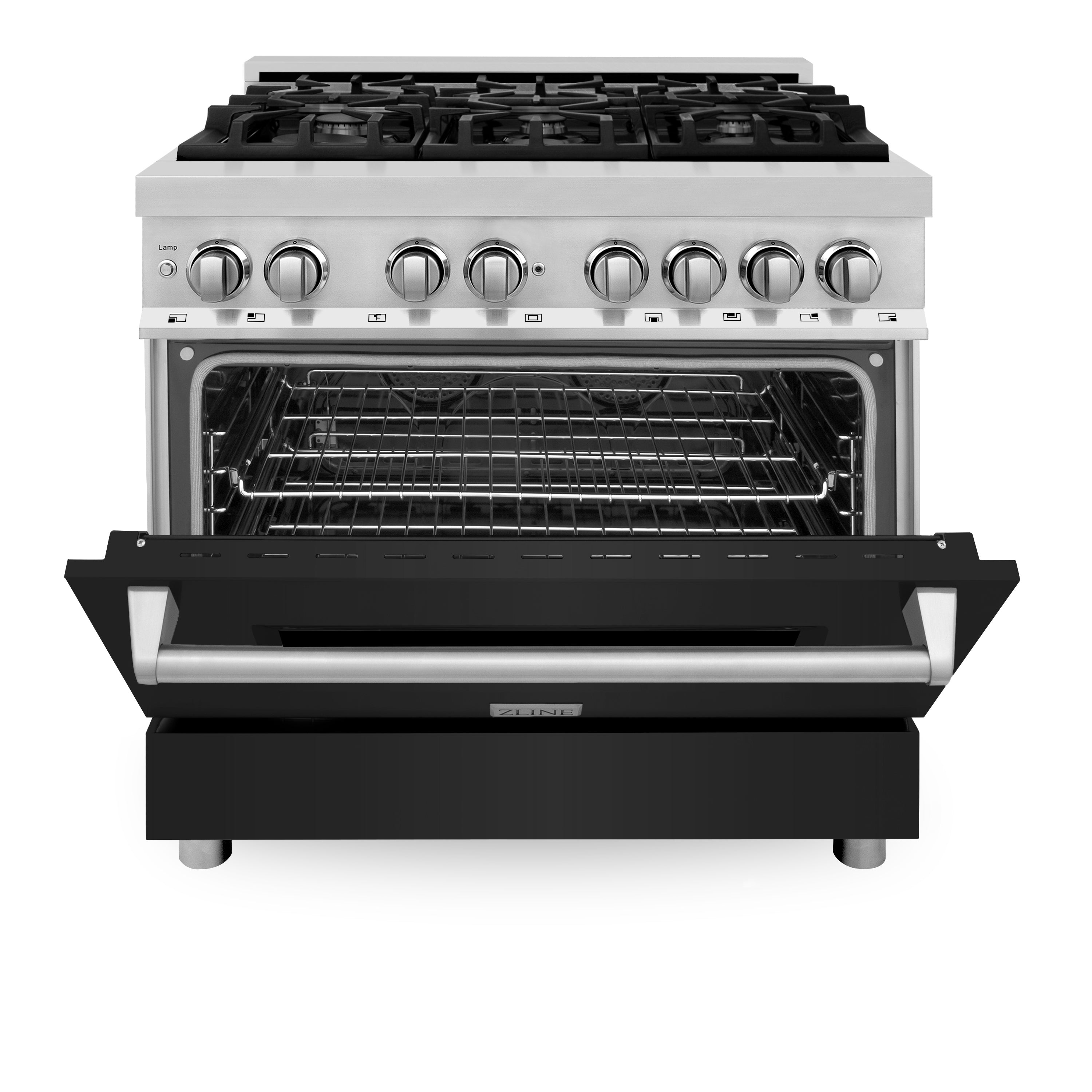 ZLINE 36" 4.6 cu. ft. Dual Fuel Range with Gas Stove and Electric Oven in Stainless Steel and Black Matte Door (RA-BLM-36)