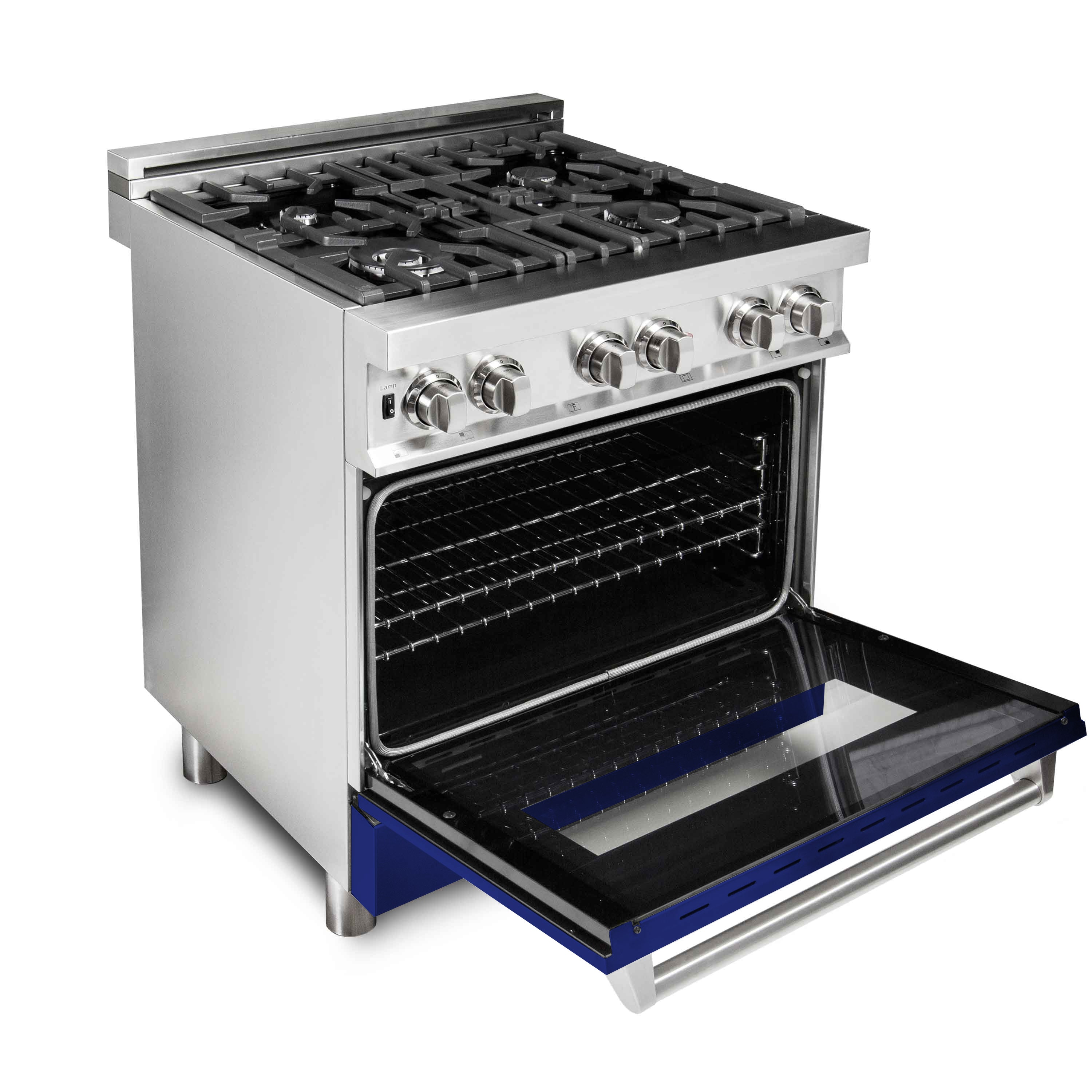 ZLINE 30" 4.0 cu. ft. Dual Fuel Range with Gas Stove and Electric Oven in Stainless Steel and Blue Gloss Door (RA-BG-30)