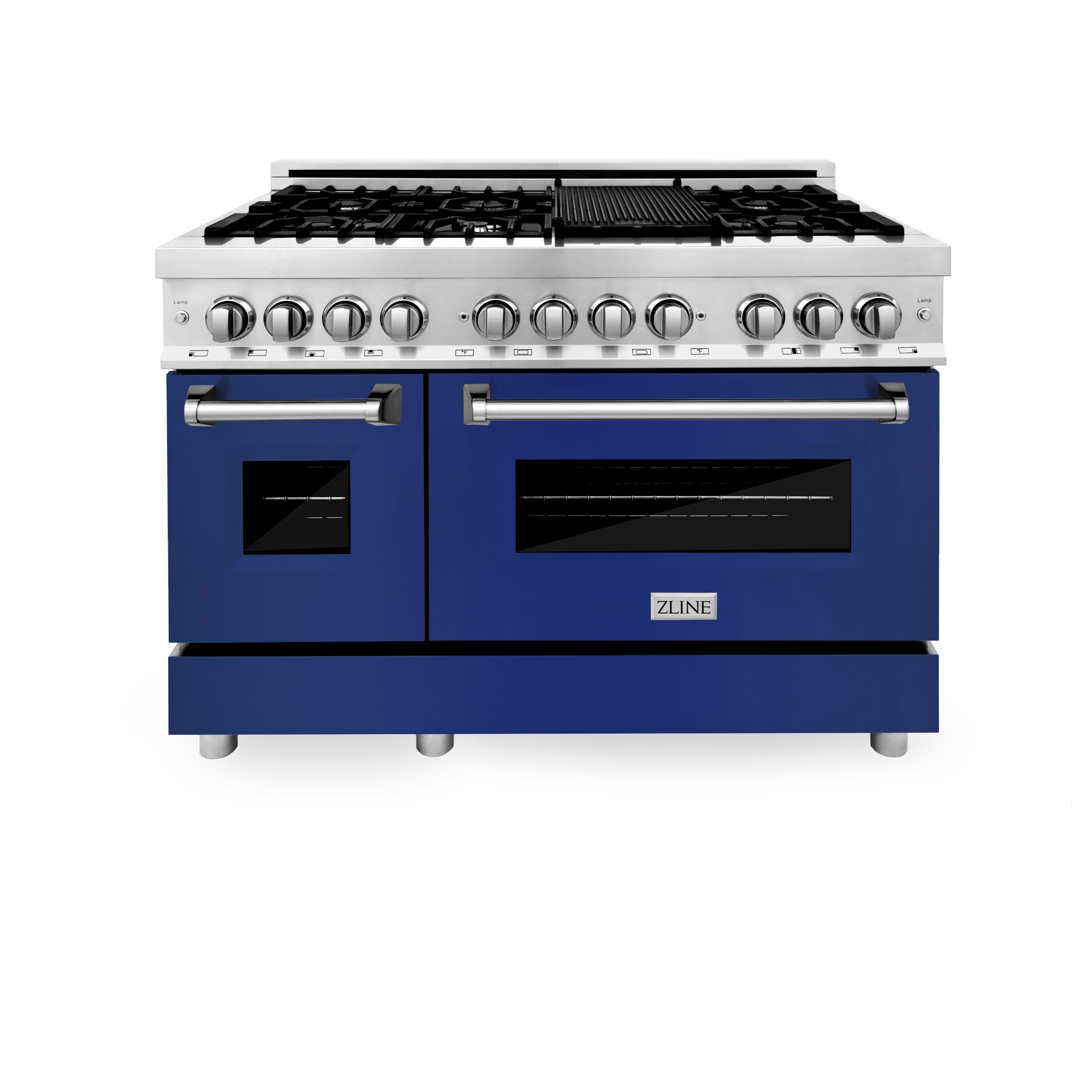ZLINE 48" 6.0 cu. ft. Dual Fuel Range with Gas Stove and Electric Oven in Stainless Steel and Blue Gloss Door (RA-BG-48)
