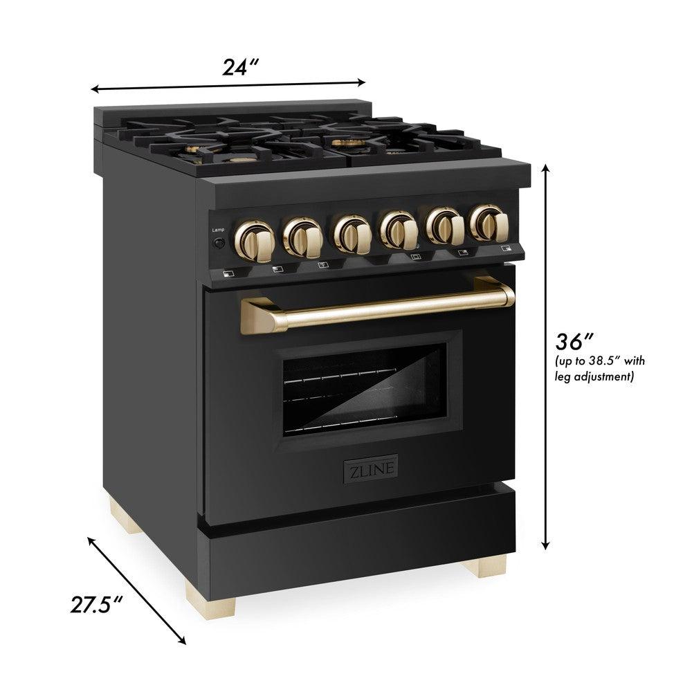 ZLINE Autograph Edition 24" 2.8 cu. ft. Dual Fuel Range with Gas Stove and Electric Oven in Black Stainless Steel with Polished Gold Accents (RABZ-24-G)