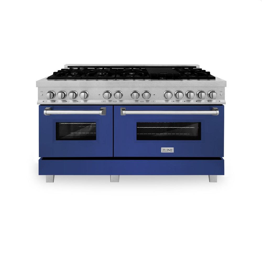 ZLINE 60" 7.4 cu. ft. Dual Fuel Range with Gas Stove and Electric Oven in Fingerprint Resistant Stainless Steel and Blue Matte Doors (RAS-BM-60)