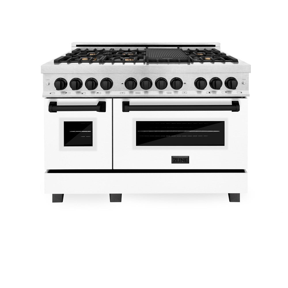 ZLINE Autograph Edition 48" 6.0 cu. ft. Dual Fuel Range with Gas Stove and Electric Oven in DuraSnow¬Æ Stainless Steel with White Matte Door and Matte Black Accents (RASZ-WM-48-MB)