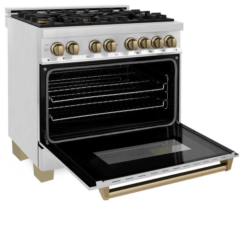 ZLINE Autograph Edition 36" 4.6 cu. ft. Dual Fuel Range with Gas Stove and Electric Oven in Stainless Steel with Champagne Bronze Accents (RAZ-36-CB)