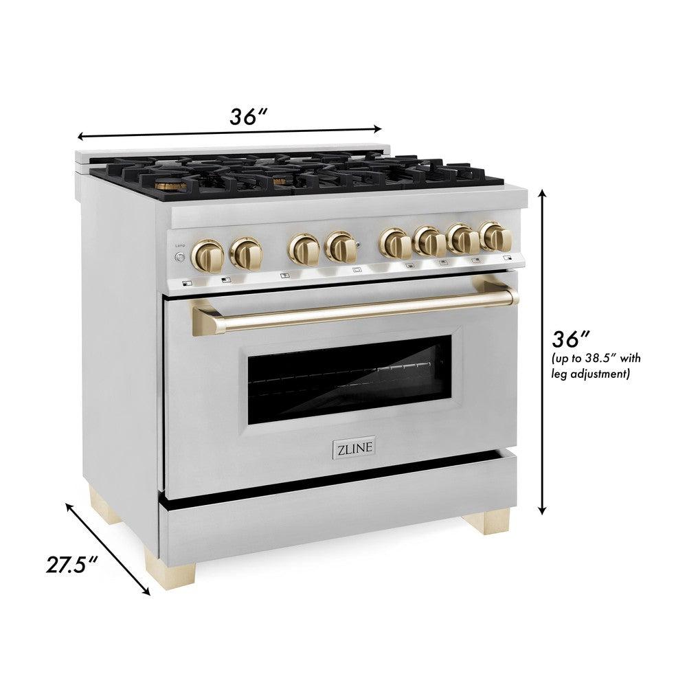 ZLINE 36" Autograph Edition Kitchen Package with Stainless Steel Dual Fuel Range, Range Hood and Dishwasher with Gold Accents (3AKP-RARHDWM36-G)