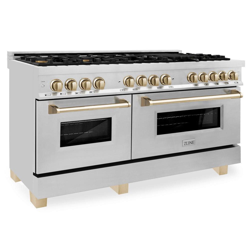 ZLINE Autograph Edition 60" 7.4 cu. ft. Dual Fuel Range with Gas Stove and Electric Oven in Stainless Steel with Polished Gold Accents (RAZ-60-G)