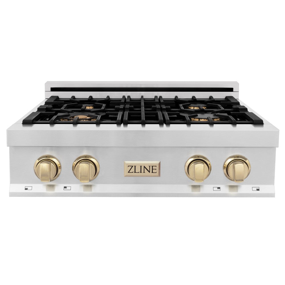 ZLINE Autograph Edition 30" Porcelain Rangetop with 4 Gas Burners in Stainless Steel and Polished Gold Accents (RTZ-30-G)