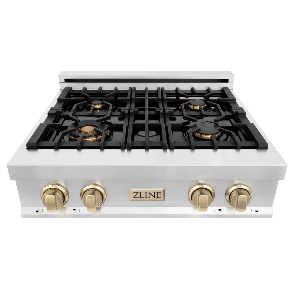 ZLINE Autograph Edition 30" Porcelain Rangetop with 4 Gas Burners in Stainless Steel and Polished Gold Accents (RTZ-30-G)