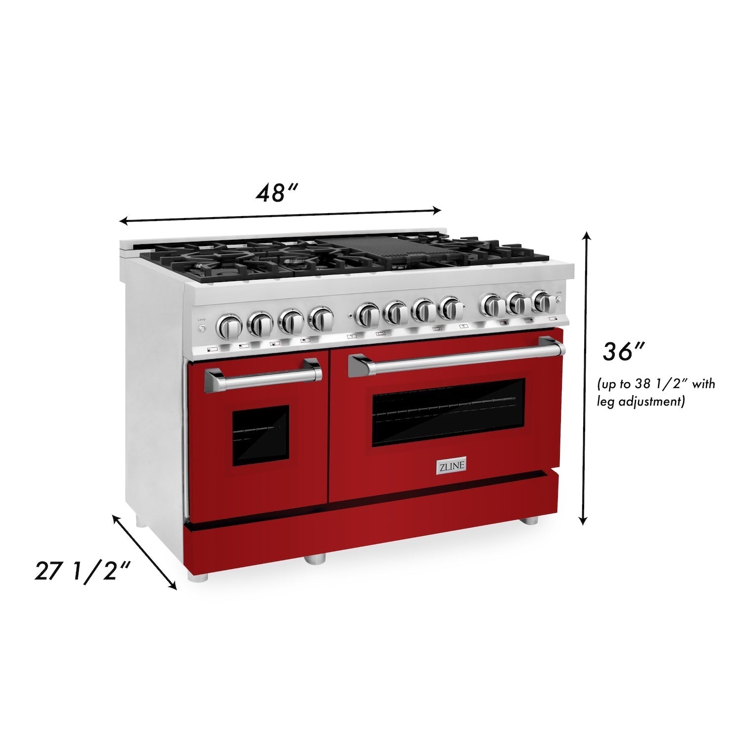 ZLINE 48" 6.0 cu. ft. Dual Fuel Range with Gas Stove and Electric Oven in Stainless Steel and Red Gloss Door (RA-RG-48)