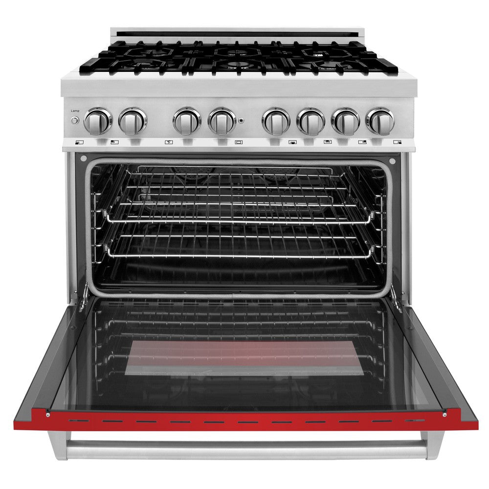 ZLINE 36" 4.6 cu. ft. Dual Fuel Range with Gas Stove and Electric Oven in Stainless Steel and Red Matte Door (RA-RM-36)