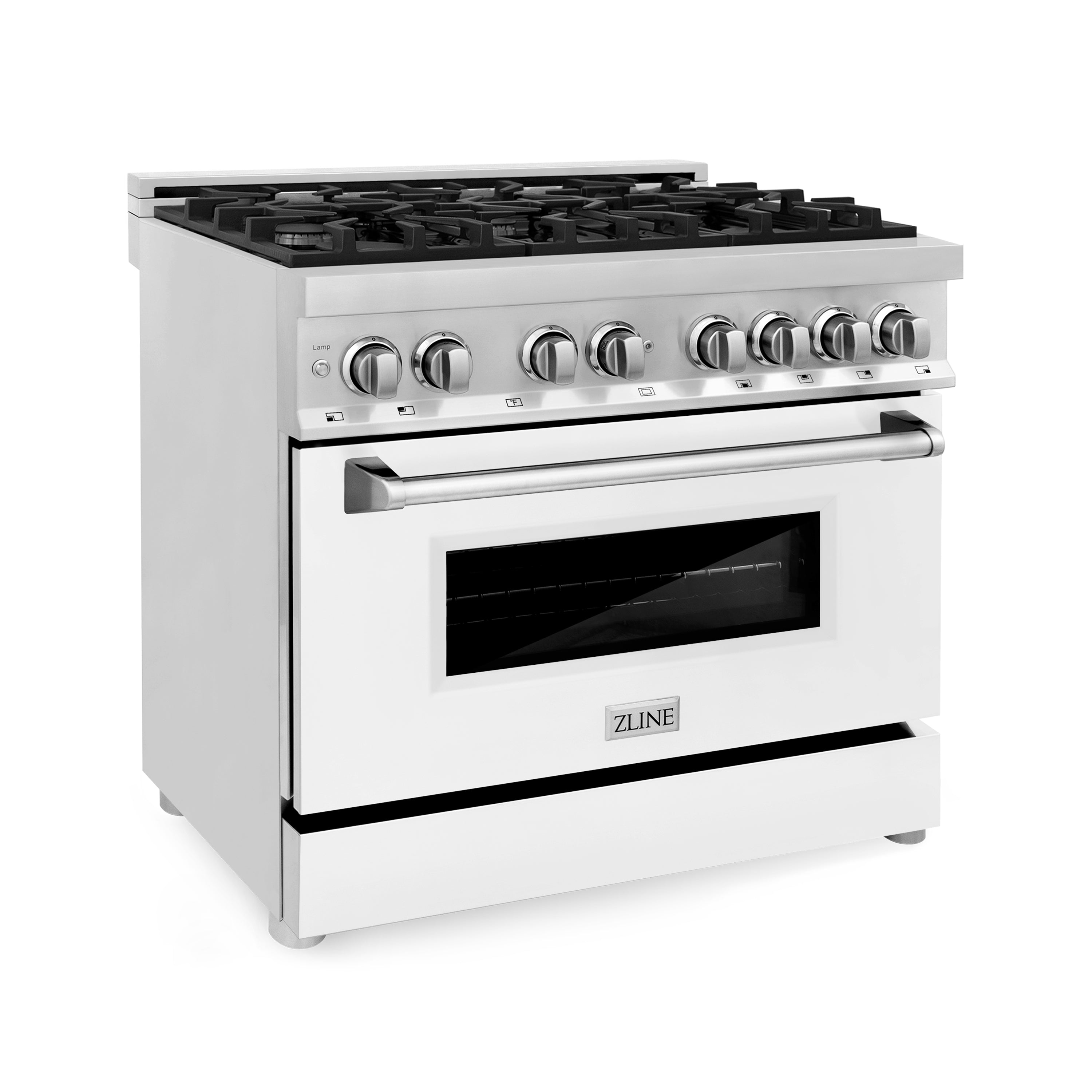 ZLINE 36" 4.6 cu. ft. Electric Oven and Gas Cooktop Dual Fuel Range with Griddle and White Matte Door in Stainless Steel (RA-WM-GR-36)